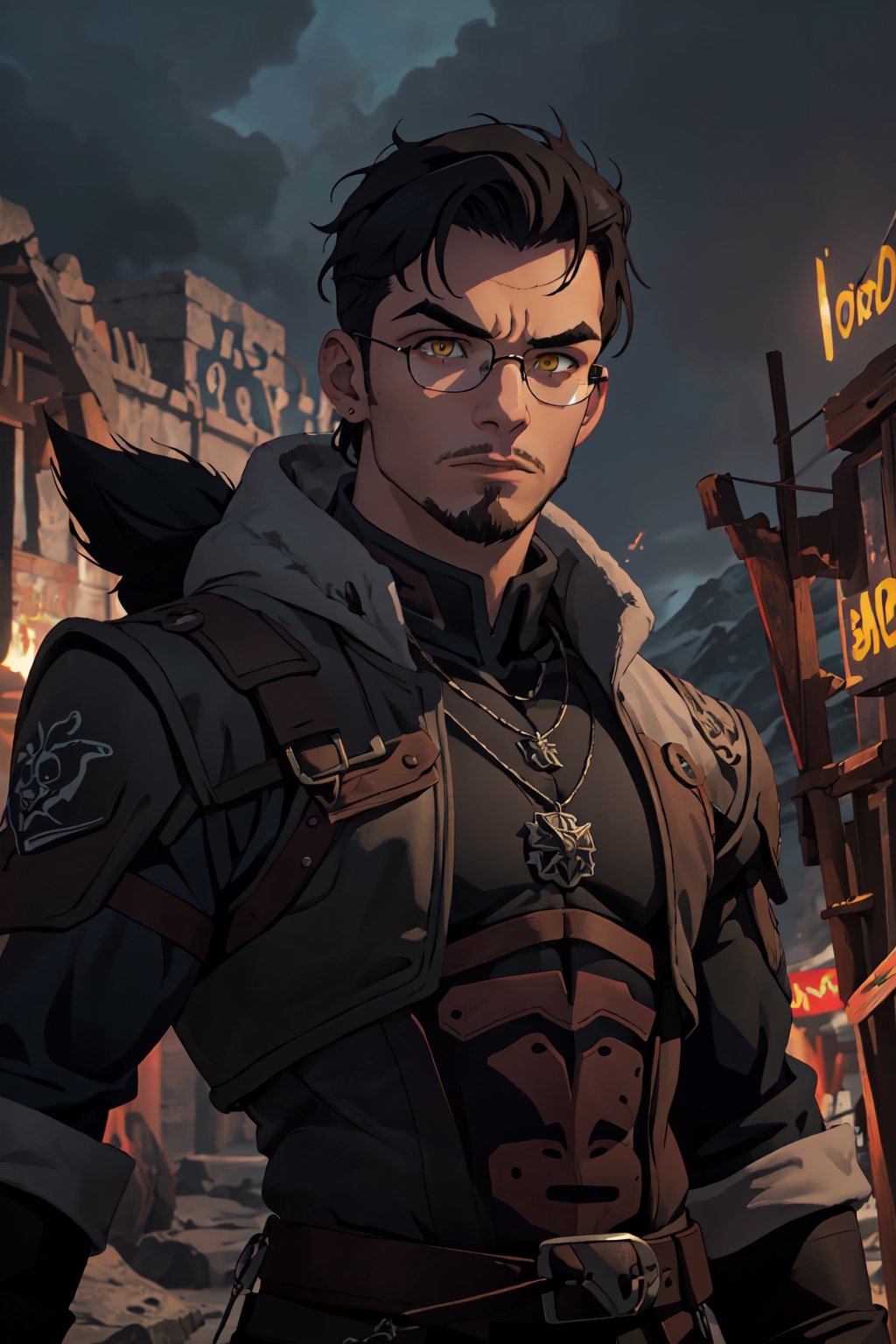 ((masterpiece)), ((1boy)), young man 23 years old, short black hair, ((small thick eyebrows)), old but cool glasses, clothes of the character Gerald de Ridea, metal necklace of a wolf, body thin but masculine, warrior facial expression, apocalyptic fantasy landscape, science fiction, cinematic blur, dynamic lights.,witcher, (iris of the yellow eyes) 