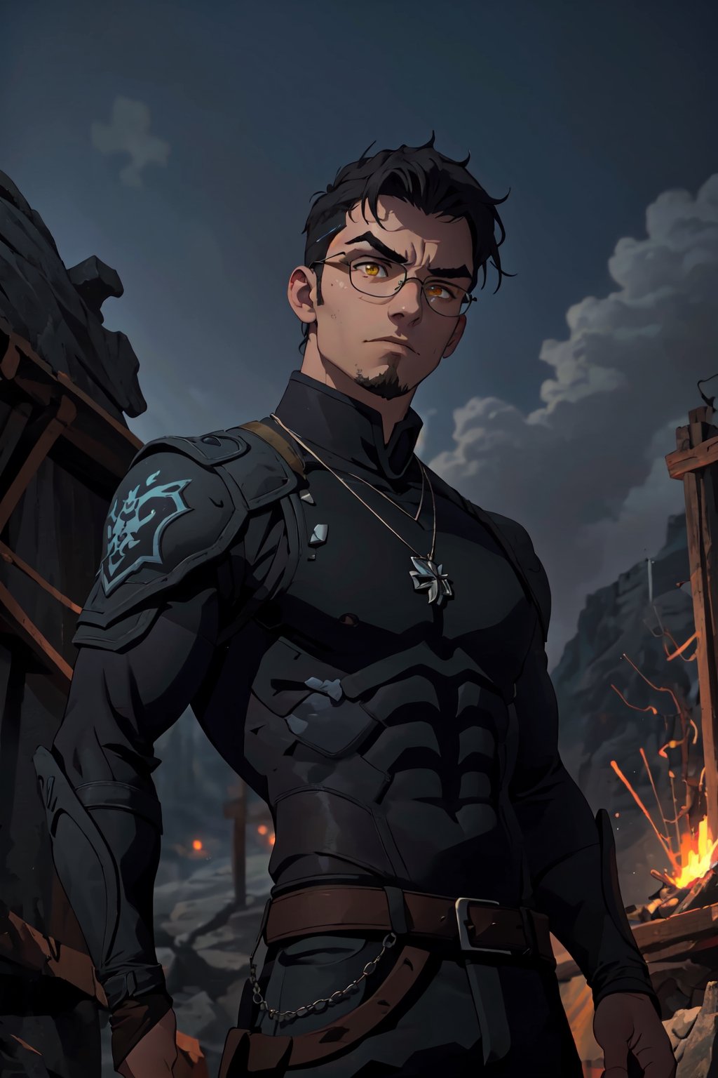 ((masterpiece)), ((1boy)), young man 23 years old, short black hair, ((small thick eyebrows)), old but cool glasses, clothes of the character Gerald de Ridea, metal necklace of a wolf, body thin but masculine, warrior facial expression, apocalyptic fantasy landscape, science fiction, cinematic blur, dynamic lights.,witcher, (iris of the yellow eyes) 