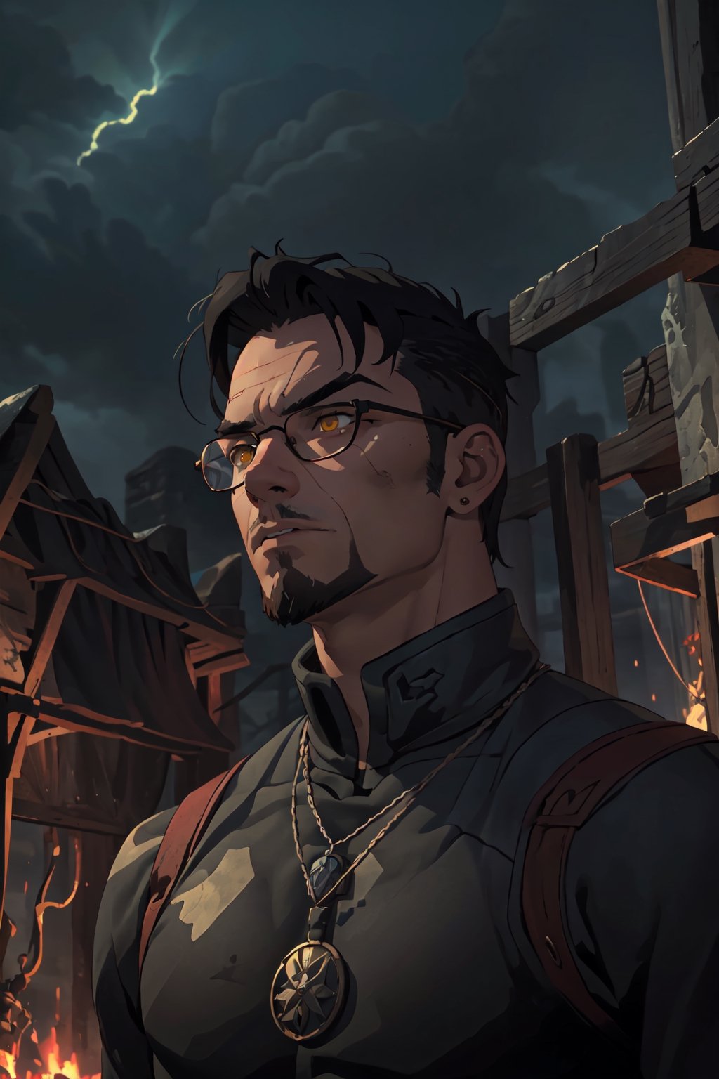 ((masterpiece)), ((1man)), man, short black hair, (small thick eyebrows), old but cool glasses, clothes of the character Gerald de Ridea, metal necklace of a wolf, body thin but masculine, warrior facial expression, apocalyptic fantasy landscape, science fiction, cinematic blur, dynamic lights.,witcher, (iris of the yellow eyes) 