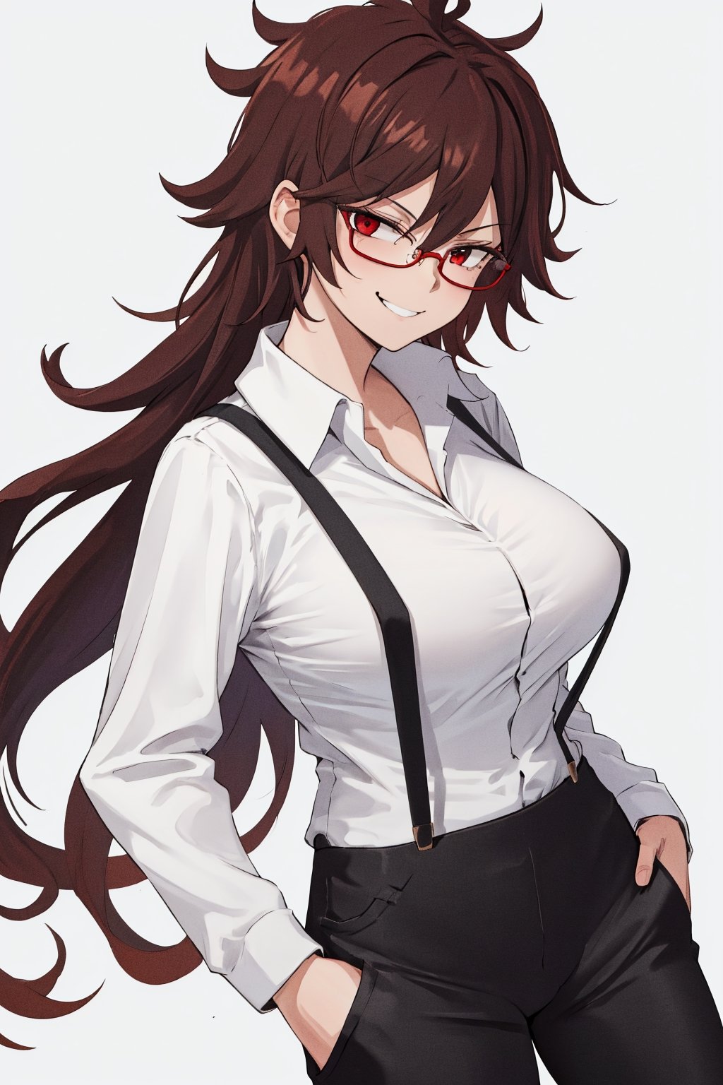 white_background, masterpiece, tall, solo, best quality, straight-on, long hair, mature female, 1girl, brown-hair, red eyes, messy hair, white shirt, one hand in pocket, smug , large breasts,

Red sunglasses , collared shirt, black pants, smiling, suspenders, 

,round_eyewear,