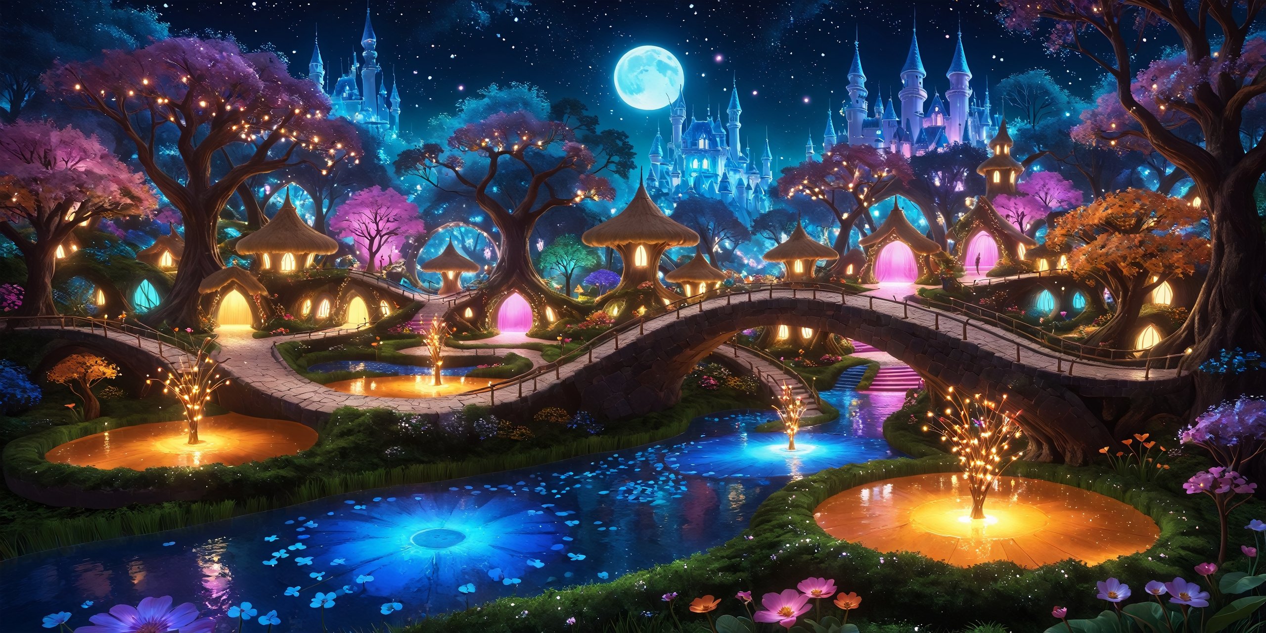 (best quality, masterpiece:1.3), high fantasy, c0raline_style,  (stop motion), alien architecture, colorful, (cinematic), stylish, focus, dreamy, extremely detailed and dynamic, (hyperrealistic, photoreal:1.1), cg unity wallpaper, fairy village, shimmer, glowing, high contrast, enchanted forest, disney, uhdr, full angle view, bloom, twisted tree, dynamic lighting, volumetric, deep depth of field:1.3), bokeh, expressive, intricate design, pond, moon bridge, atmosphere, sugar, glitter, floating particles, dark, field, outdoors, nature, sky, grass, more detail XL,madgod,Movie Still,l0dbg,sweetscape