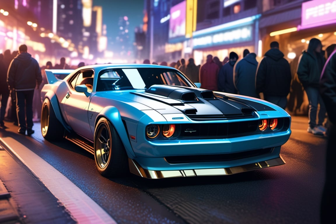 Cyberpunk, realistic, raw photo, futuristic muscle car, cyberpunk car, night, car meet, crowded, detailed background

masterpiece, best quality, ultra-detailed, very aesthetic, illustration, perfect composition, intricate details, absurdres,