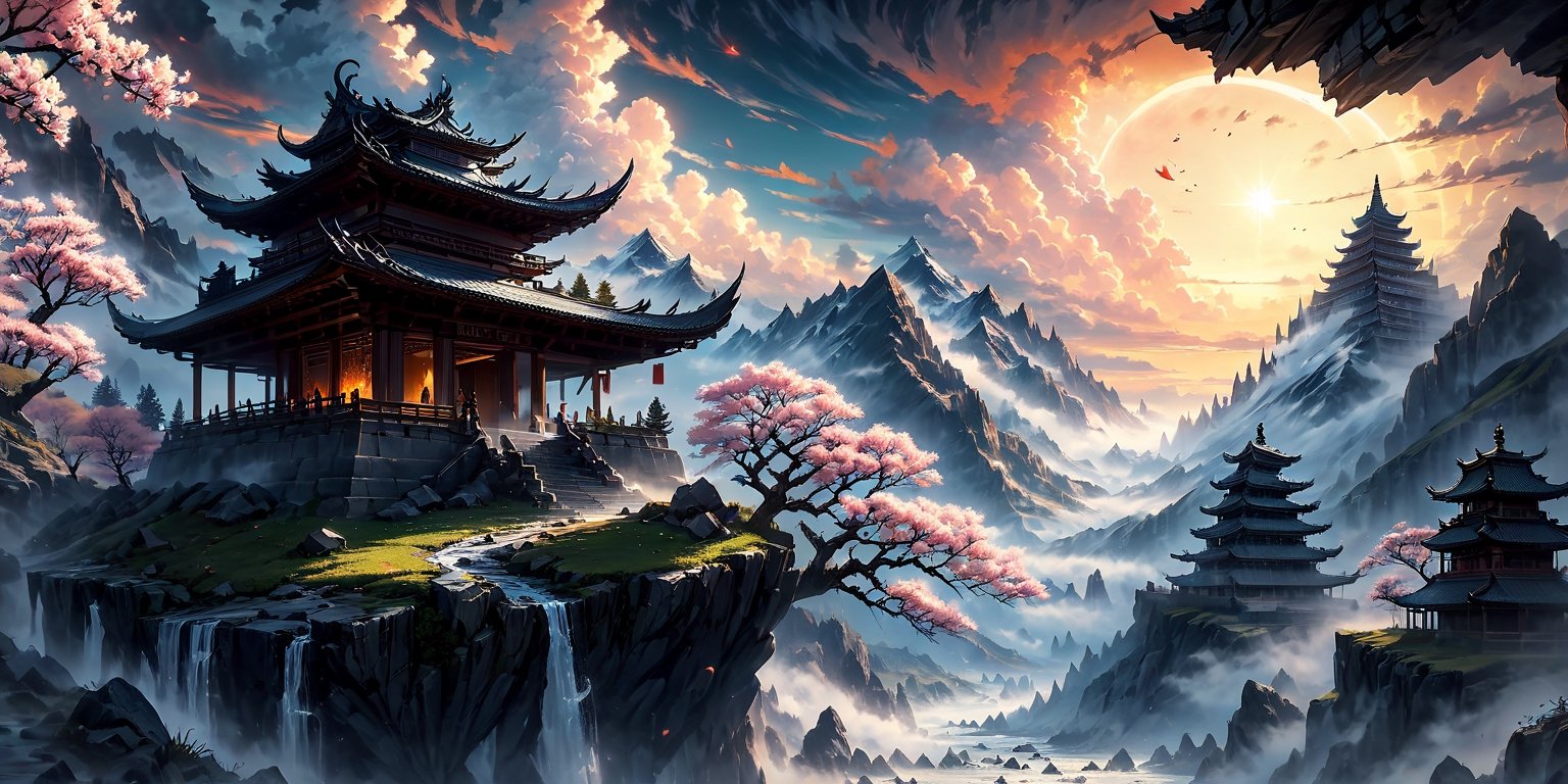 High altitude mountain river and cloud landscape backgroud, temple ,windy,  fog,mortals cultivate immortals, masterpiece, best quality, beautiful and perfect face, random color dress, action move, torn clothes ,super detailed, super realistic,super fine detail depiction, high resolution, abstract beauty, stand, approaching perfection, pure form, unfinished, intricate details, 8k post production, high resolution, hyperdetailed, trending on artstation, sharp focus, intricate details, highly detailed, cinematic, cinematic lightings, cinematic film color, perfect hand, high detail, high detail skin, real skin, 8k, high_resolution, high quality,dark anime,niji style,dark fantasy,Orient Style,ghibli style,realistic,painting sketch,flat design,anime style,3D rendering,acrylic,water color