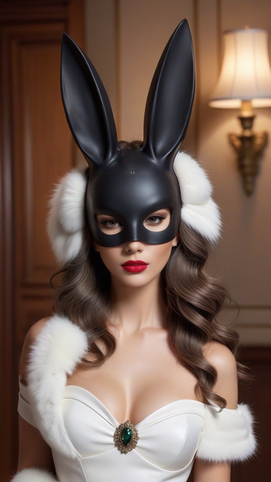 bunny mask, best quality, masterpiece,								
Clad in a chic, tight off-the-shoulder white dress that marries the intricate beauty of Art Nouveau with the somber allure of Gothic style, the stunning Colombian model with her luxurious long wavy dark gray hair commands attention. Her ensemble is gracefully complemented by a lavish fur trim capelet, embodying the extravagance of old-world charm. Fashion accessories carefully chosen to enhance her look underscore her status as a modern-day Hollywood star, radiating timeless elegance with a contemporary edge.
ultra realistic illustration,siena natural ratio, by Ai Pic 3D,	cinematic lighting, ambient lighting, sidelighting, cinematic shot,	head to toe,	ultra hd, realistic, vivid colors, highly detailed, UHD drawing, pen and ink, perfect composition, beautiful detailed intricate insanely detailed octane render trending on artstation, 8k artistic photography, photorealistic concept art, soft natural volumetric cinematic perfect light