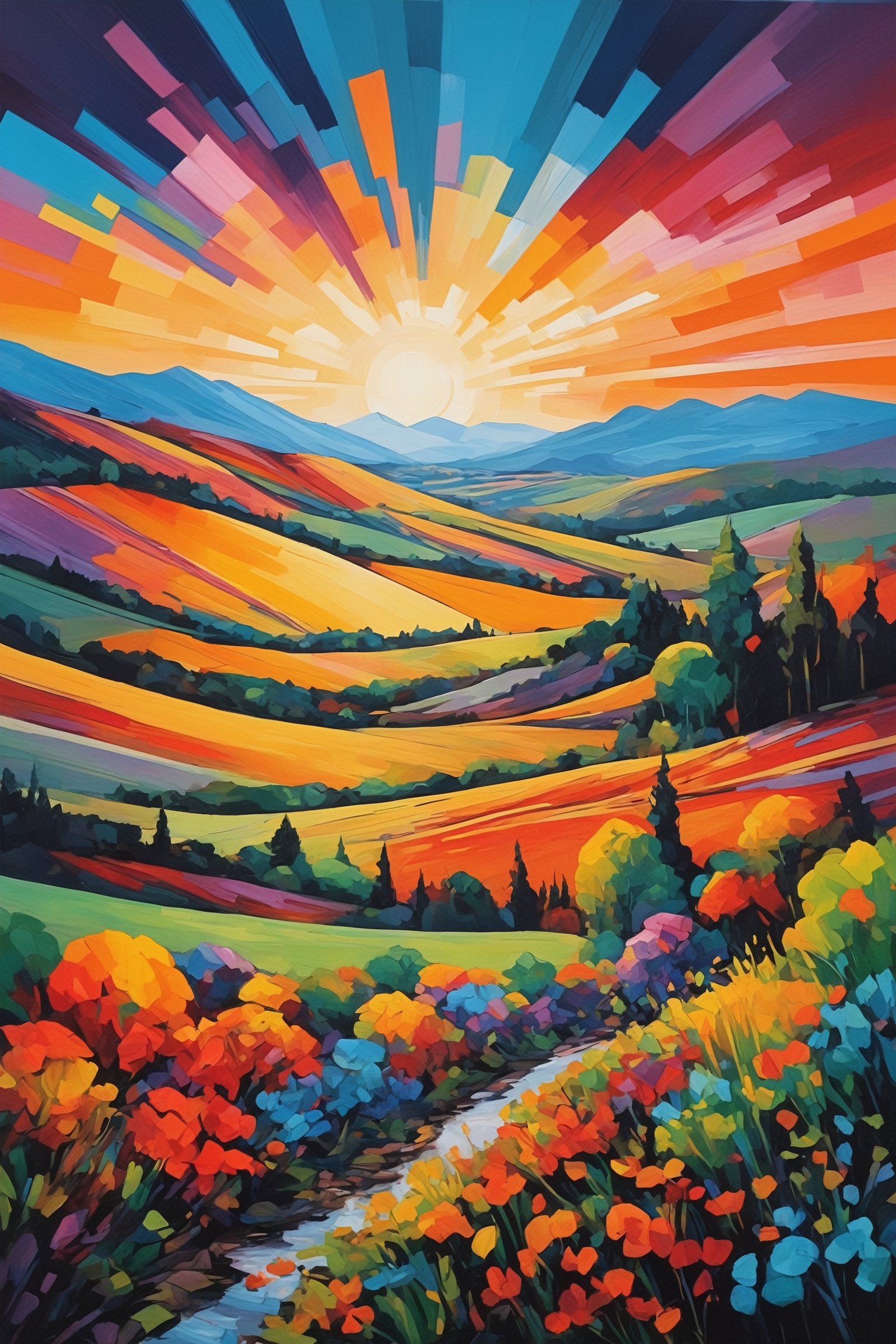 vorticism art,super colorful landscape painting