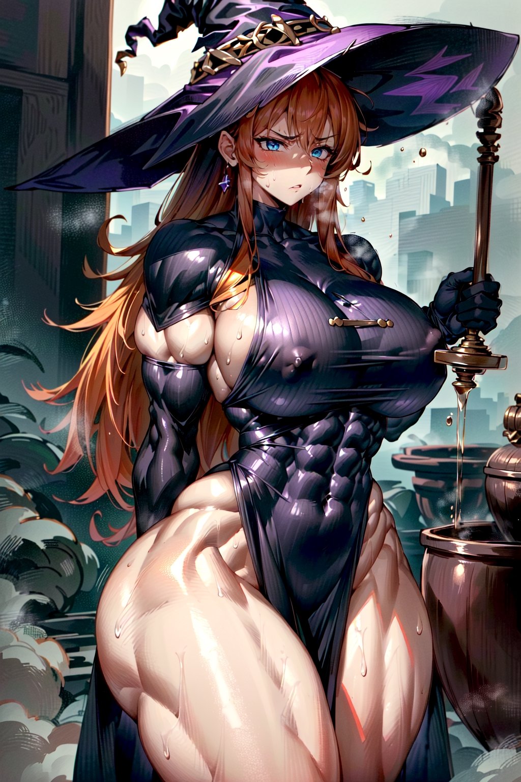 (((Witch))), (((Long Purplish-black Witch dress))), 1girl, (Muscular Witch is stirring the potion in her big cauldron), (Outside at night), (Light skin), orange hair, Long hair, blue eyes, naked, nsfw, massive thick thighs, hourglass body, big boobs, anime style, good lighting, hyper muscle, huge muscles mass, flexing, 12 pack abs, strong legs, bulging biceps, hyper thick pecs, wide upper body,  , sweating, Eyes close:1.5, Angry face, muscular female