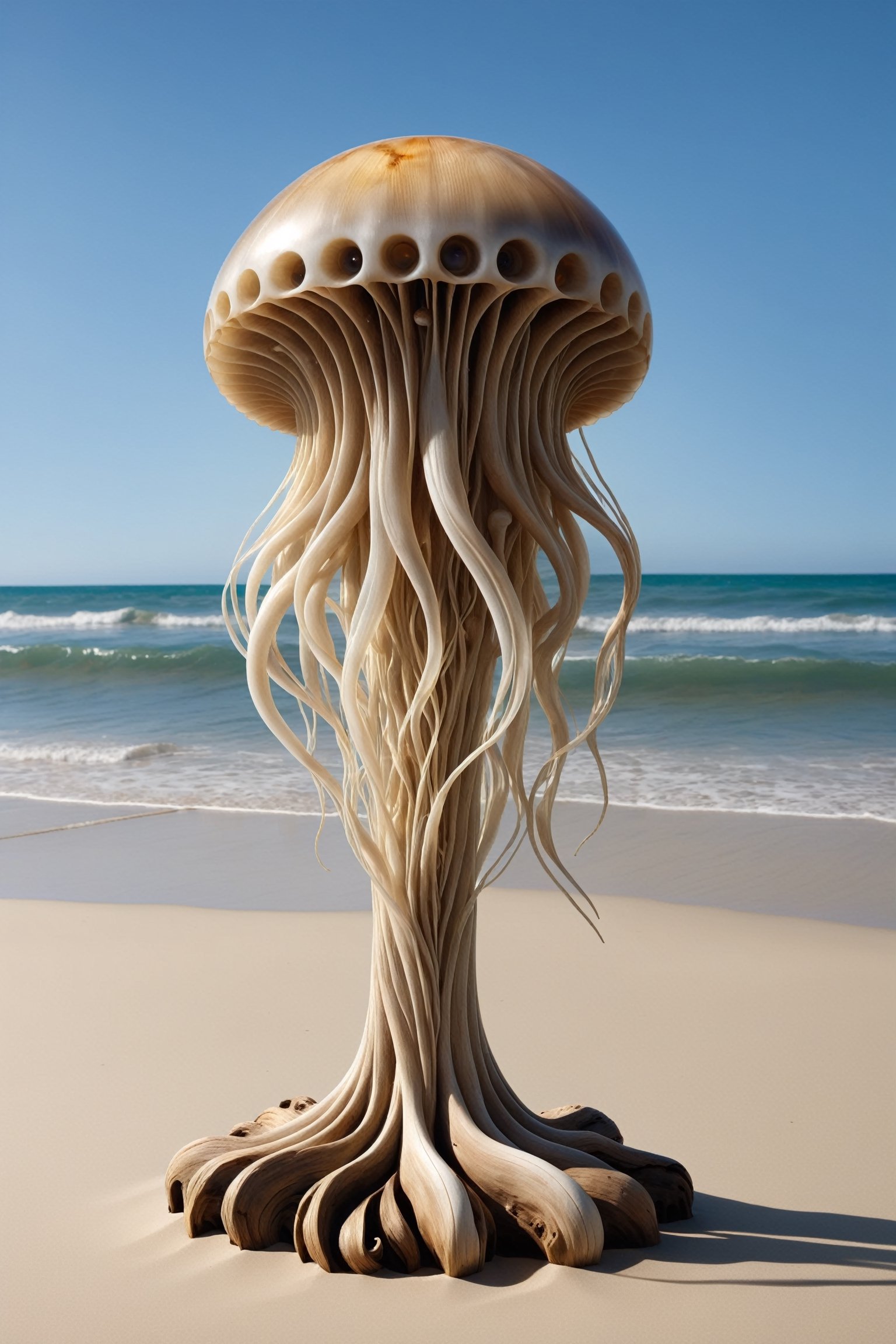 On the sandy shore, driftwood is adorned with intricately carved jellyfish. Their transparent bodies and long tentacles appear to float in the air, shimmering in the sunlight. Created by the forces of wind and waves, this artwork symbolizes the fusion of natural beauty and human creativity.,woodfigurez