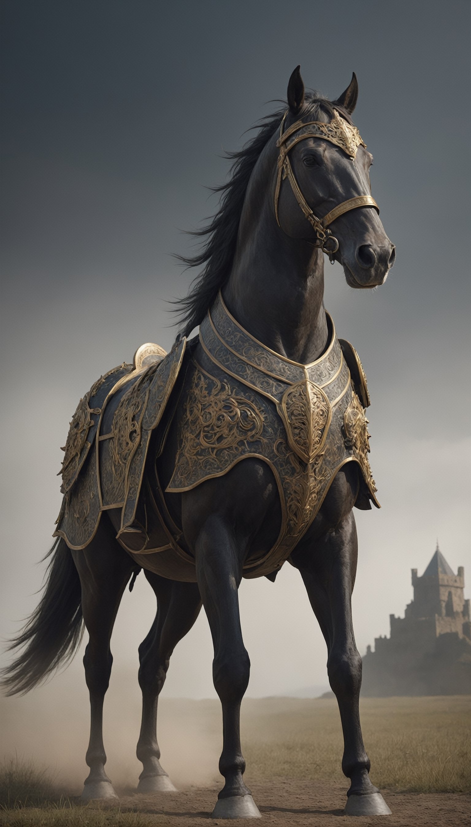 A colossal black warhorse adorned with imposing, ornate horse armor exudes a formidable presence. The dark-hued barding features intricate details, reinforcing both protection and intimidation. As the horse moves, the clinking of metal resonates, creating an awe-inspiring spectacle on the battlefield. The rider atop this majestic steed becomes a formidable force, embodying a fusion of strength and medieval elegance.,armour wars ,Animal Verse Ultrarealistic 