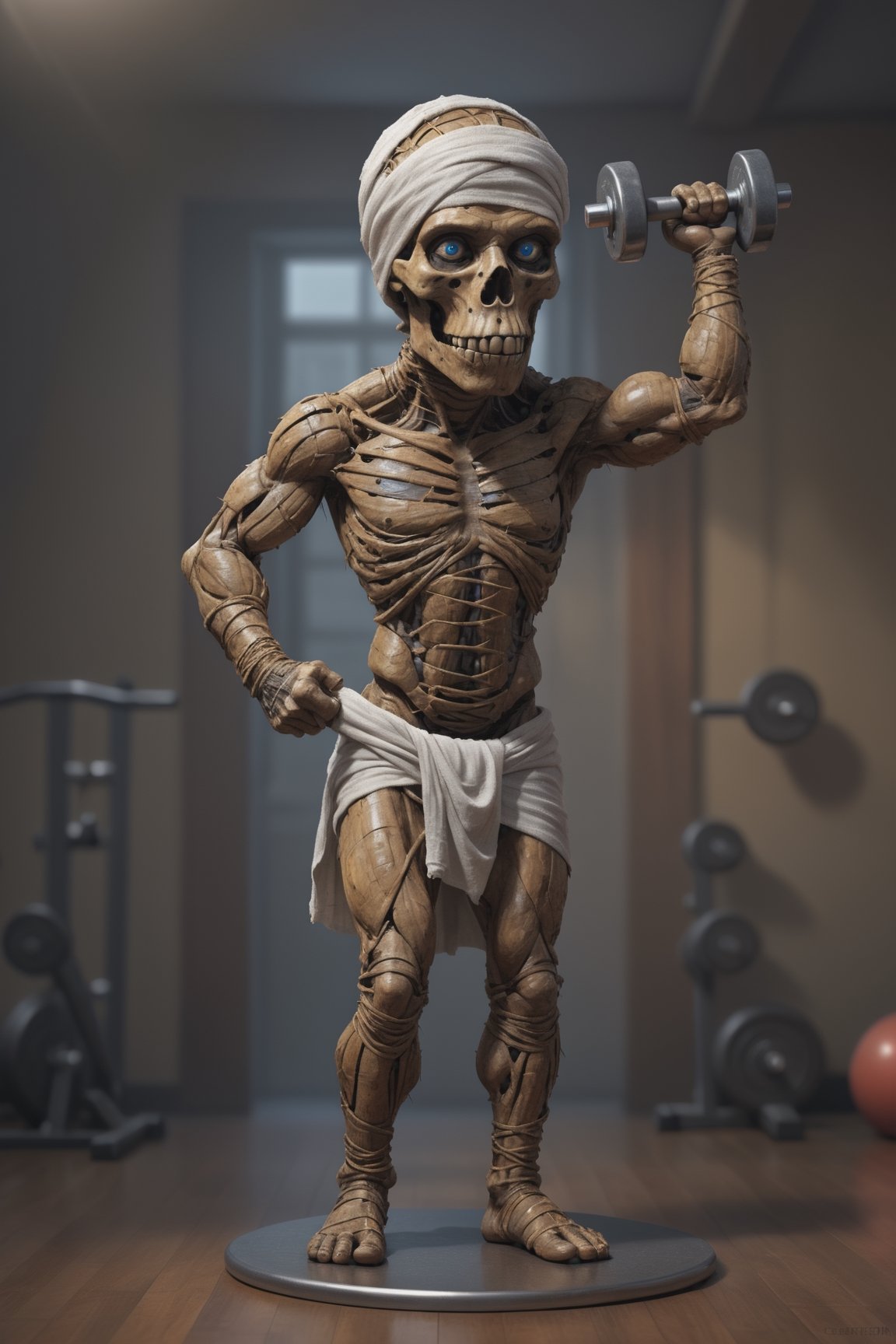 a cartoon male mummy mummified wrapped in cloths, training with dumbbell in a fitness gym, (Extremely Detailed Oil Painting:1.2), octane render, 4k, concept art, trending on artstation, hyperrealistic, Vivid colors, extremely detailed CG unity 8k wallpaper, trending on ArtStation, trending on CGSociety, Intricate, High Detail, dramatic, absurdes