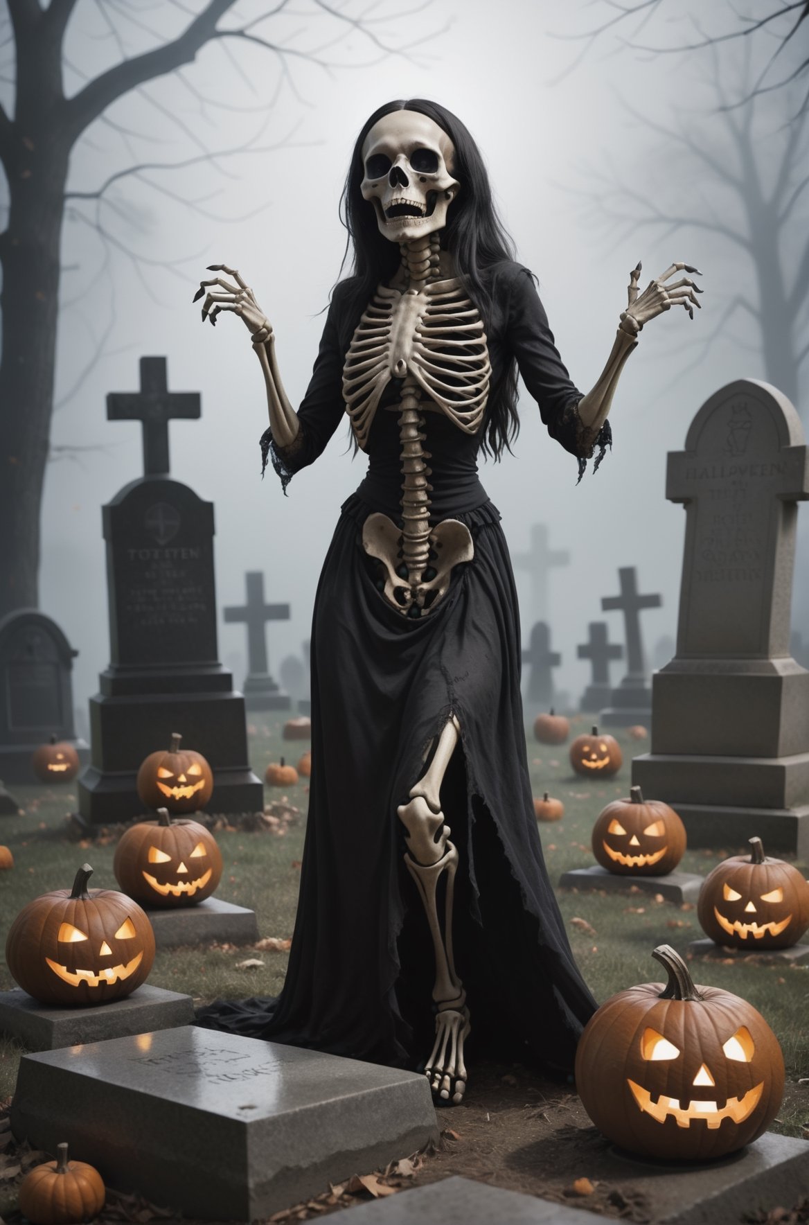 in a cemetery where all the graves are open and skeletons are out dancing on theire graves to rock music and cave singers
 dancing on my grave. spooky, horror, halloween, 
halloween trickorten