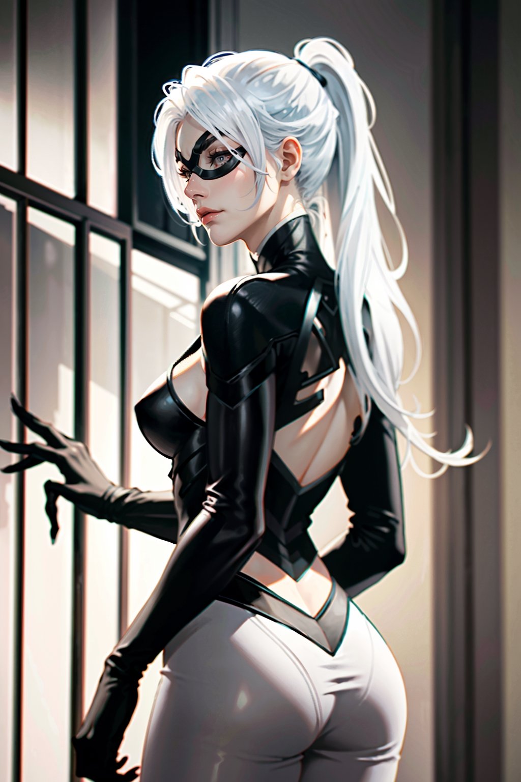 ((ultra detailed, masterpiece, absurdres)) lora:SpiderBlackCat:0.9, SpiderBlackCat, 1girl, white hair, long hair, mask, Back turned with a contemplative mood,SpiderBlackCat
