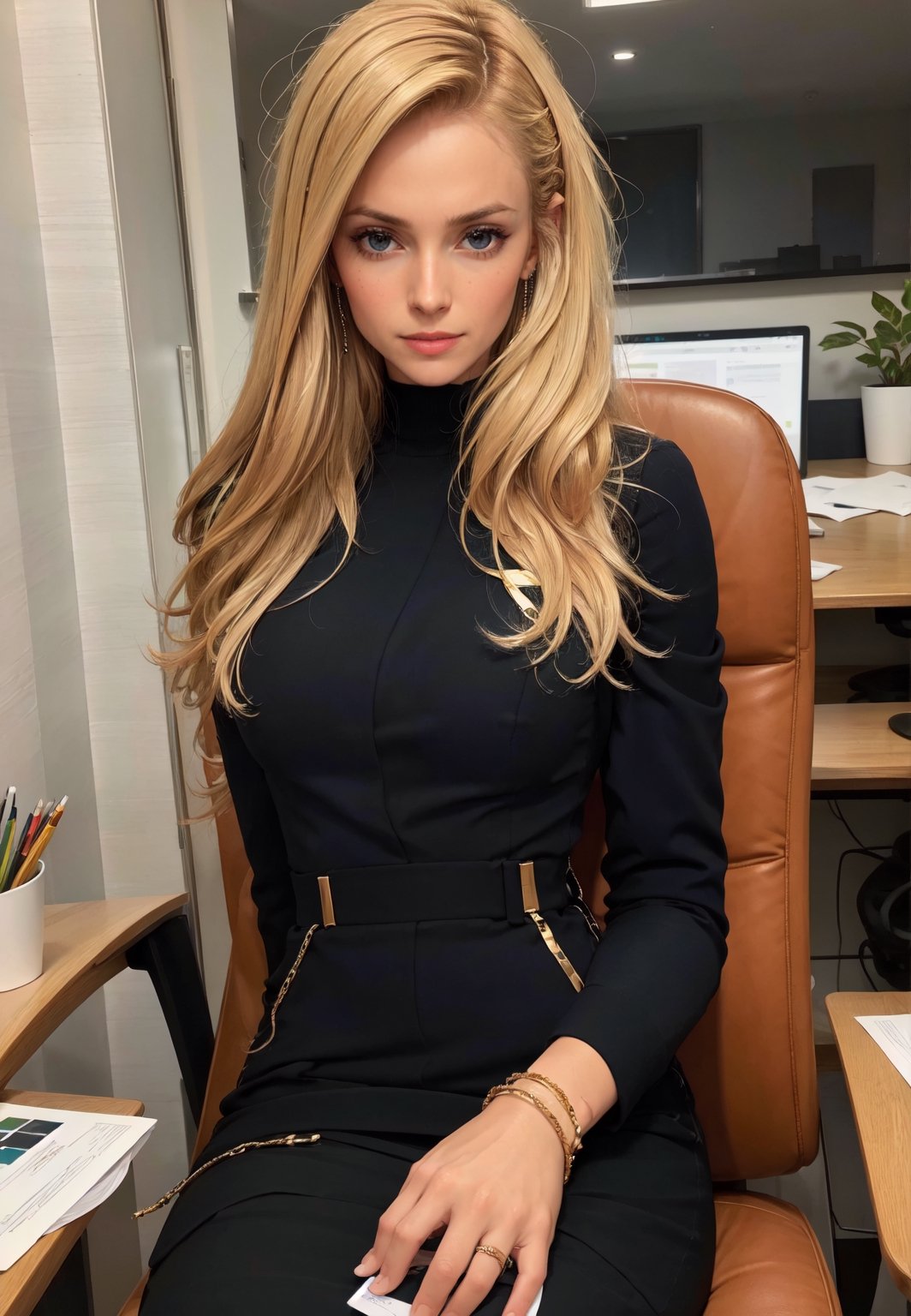 (extremely detailed,  realistic,  perfect lighting,  vibrant colors, intricate details, absurdres), (masterpiece,  high detailed skin:1.3), 1girl, light blonde hair,  layered hair,  full body,  
{ ponytail and bangs, office, office lady, office chair, monitor, black-office suit, sitting, upper body, elbow rest, sexually suggestive, name tag, bangle, }, real colours, 
{ shy, seducing,, },Gossip,art,KateBock