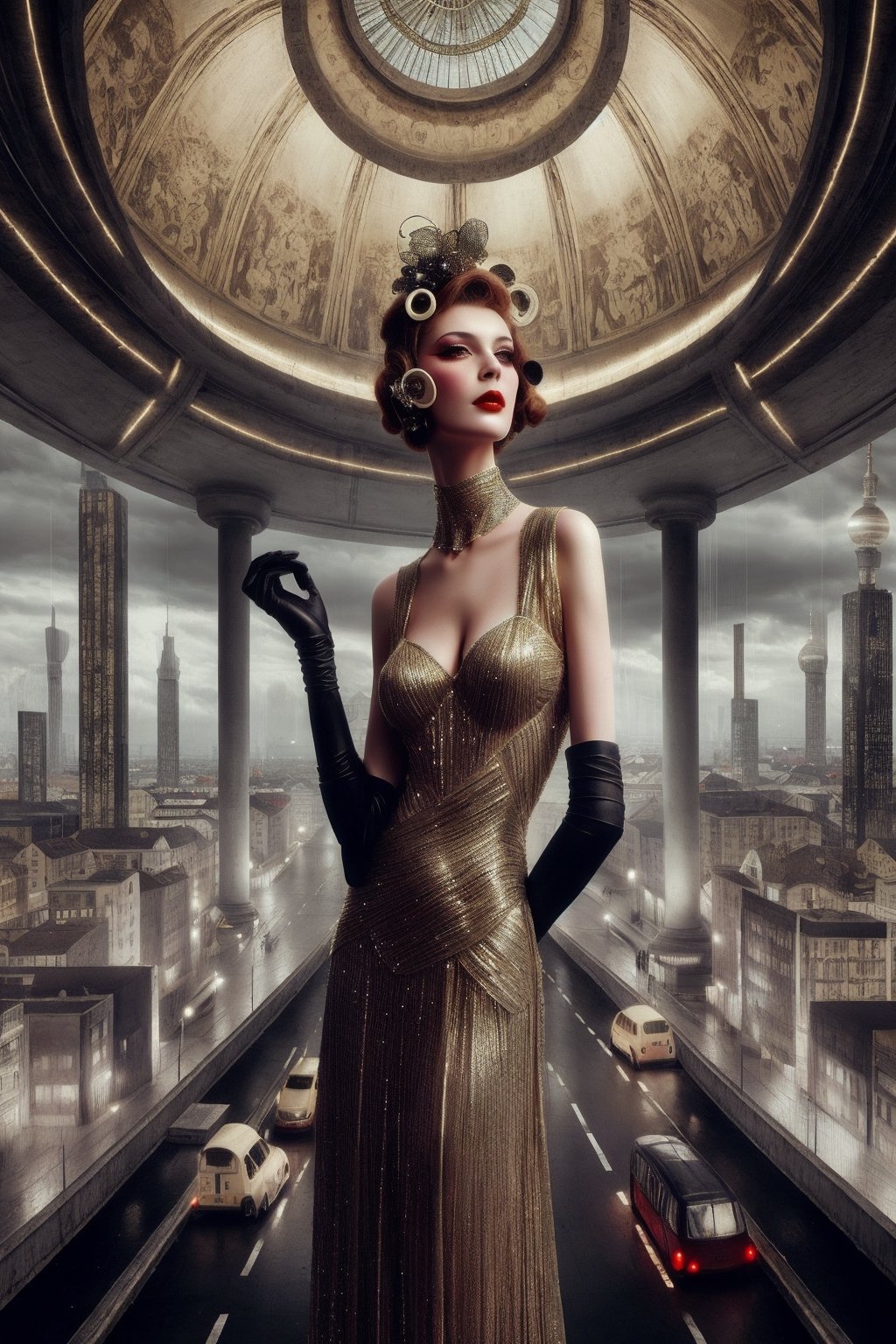 1920´s Berlin megacity woman wearing evening gown bizarre design fashion photo shoot glamour ladies