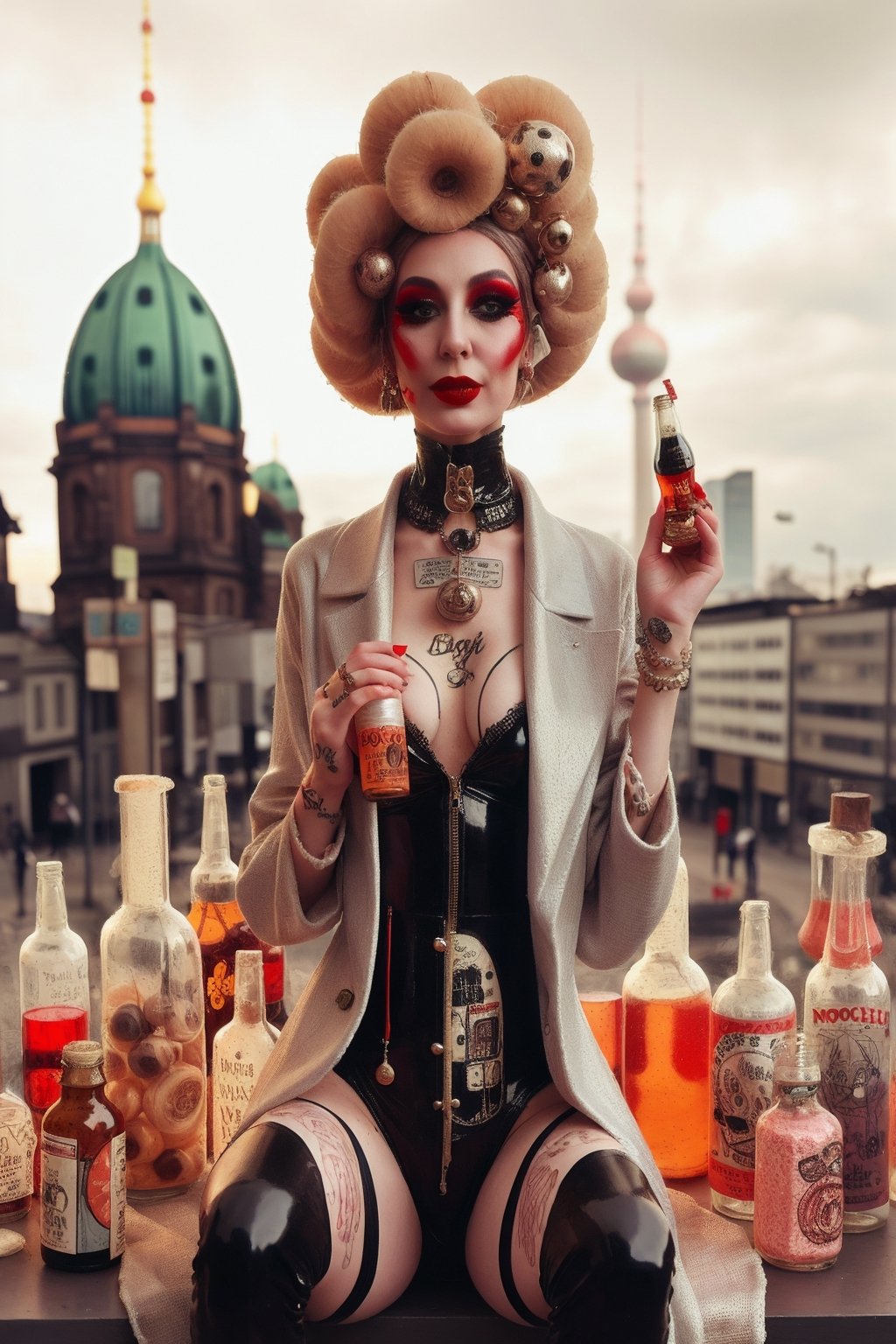 trfashion photo shoot 1920´s Berlin megacity woman at home are wearing  mad doctor clothes  bizarre obscure design and spice up and juicy and tiny rods with nodules comic magazine style weird bottles and weird tonics fashion photo shoot saucylady rubbergoddess 