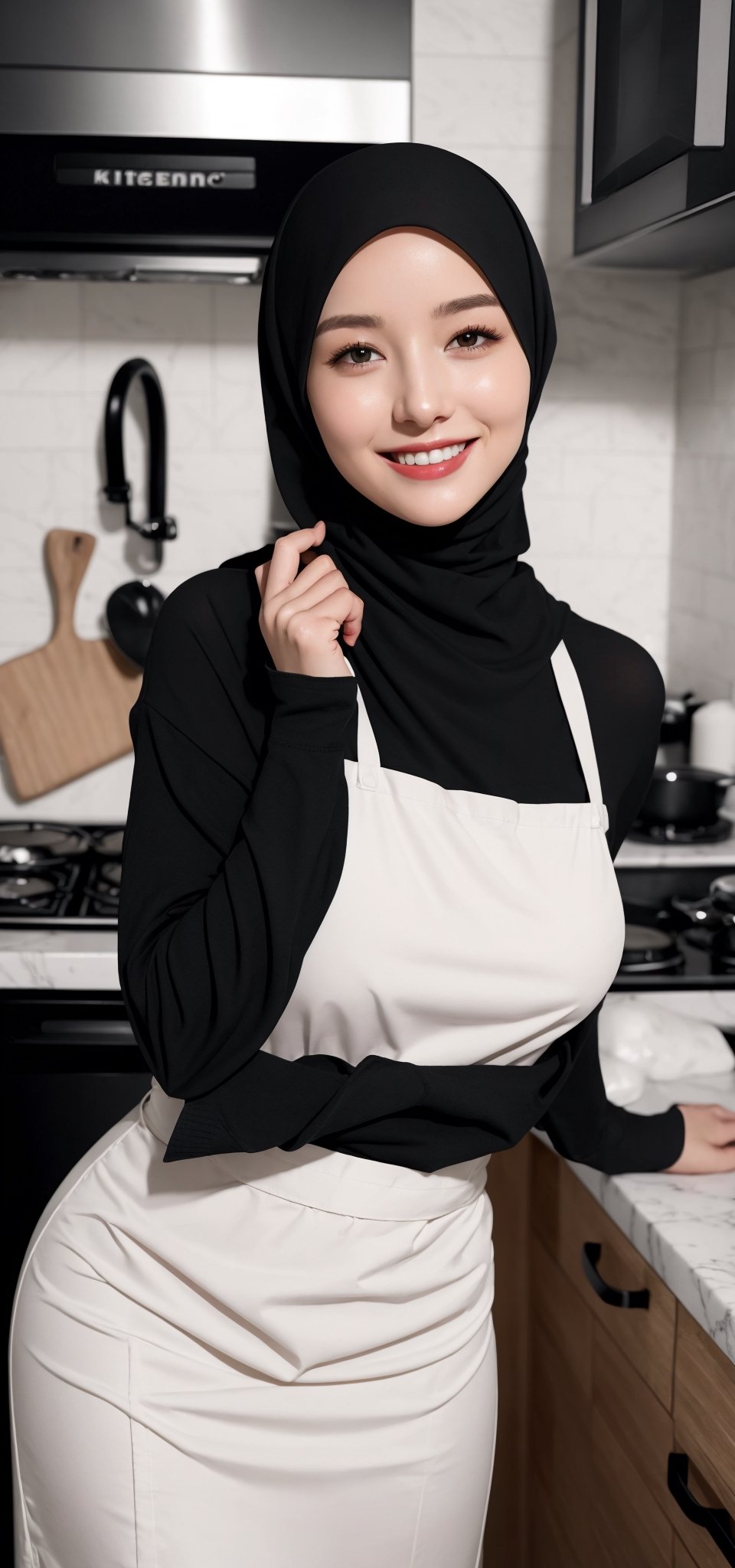 Best quality, masterpiece, photorealistic, ultra high res, 8K raw photo, beautifull face, black hijab, porn shirt, happy smiling, ((Perfect Face)), ((Sexy Face)), brunette, Anders Zorn, full shot of a beautiful girl ,detailed skin, detailed background, finely detailed, 8k uhd, dslr, detailed fingers, at kitchen, skintight, skirt, exposed pussy, full_body