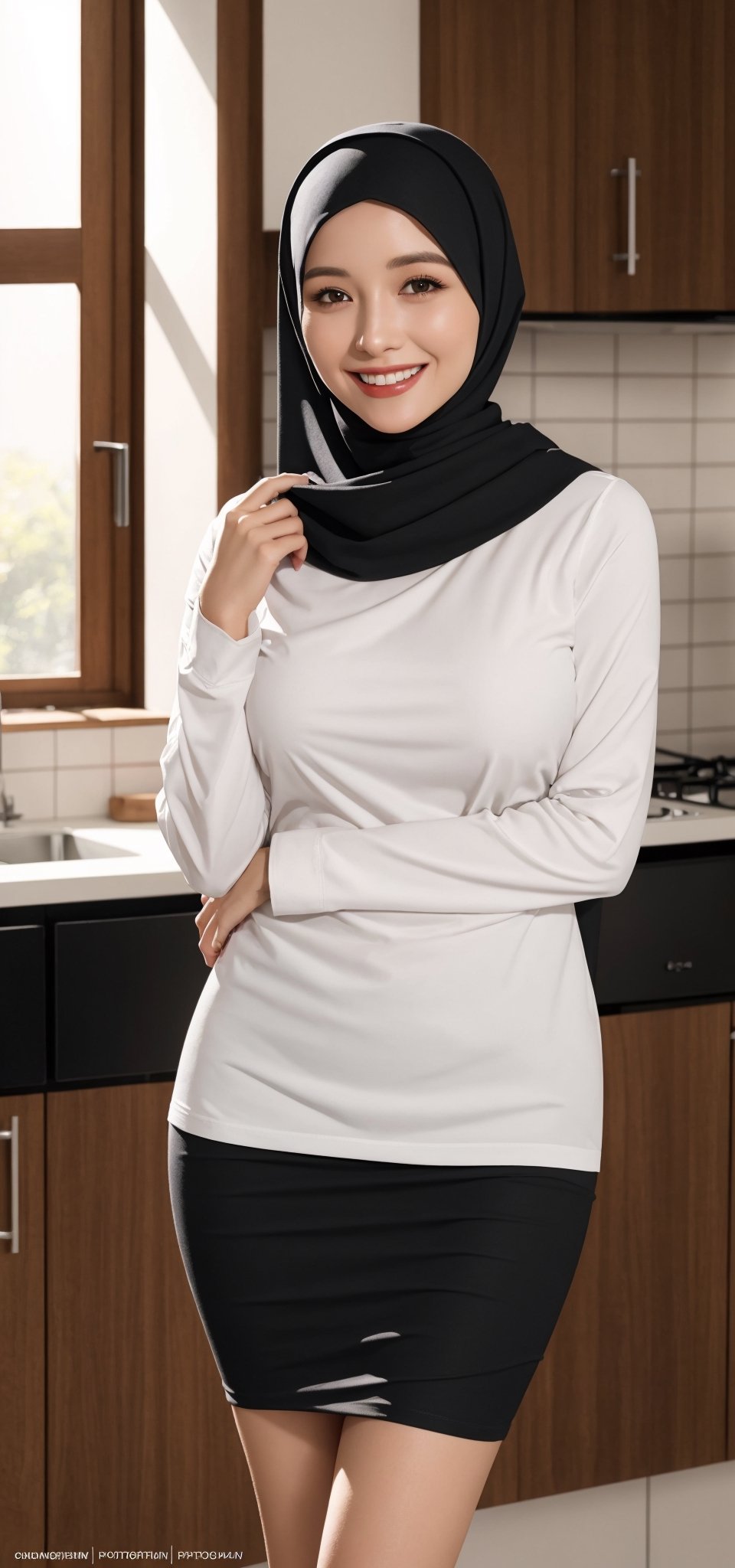 Best quality, masterpiece, photorealistic, ultra high res, 8K raw photo, beautifull face, black hijab, porn shirt, happy smiling, ((Perfect Face)), ((Sexy Face)), brunette, Anders Zorn, full shot of a beautiful girl ,detailed skin, detailed background, finely detailed, 8k uhd, dslr, detailed fingers, at kitchen, skintight, skirt, exposed pussy, full_body