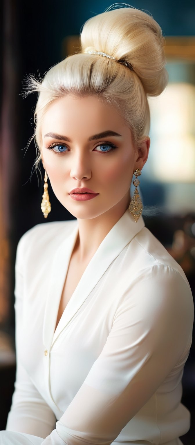 Generate hyper realistic image of a woman with blonde hair and piercing blue eyes, elegantly sitting and gazing directly at the viewer. She wears a crisp white shirt with long sleeves, adorned with subtle jewelry including earrings and a necklace. Her hair is styled in a chic bun, with strands of white hair framing her face, adding to her ethereal charm. The indoor setting provides a soft light that accentuates her features and highlights the delicate details of her attire and accessories.