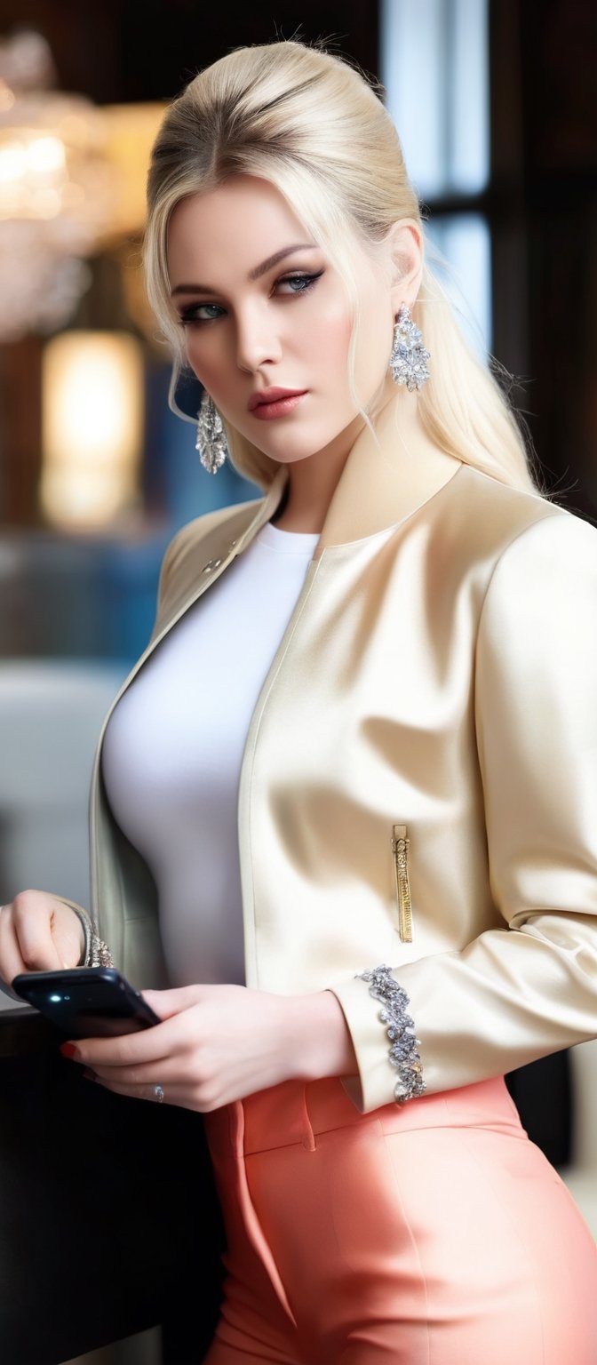 Generate hyper realistic image of a woman with long, blonde hair styled into elegant twintails, adorned with exquisite jewelry. She wears a fashionable jacket over a chic crop top, showcasing her midriff with confidence. With her eyes closed in serene contemplation, she holds a smartphone in one hand, her other hand adorned with sparkling earrings. The indoor setting provides a backdrop of sophistication, while her stylish pants complete the ensemble.
