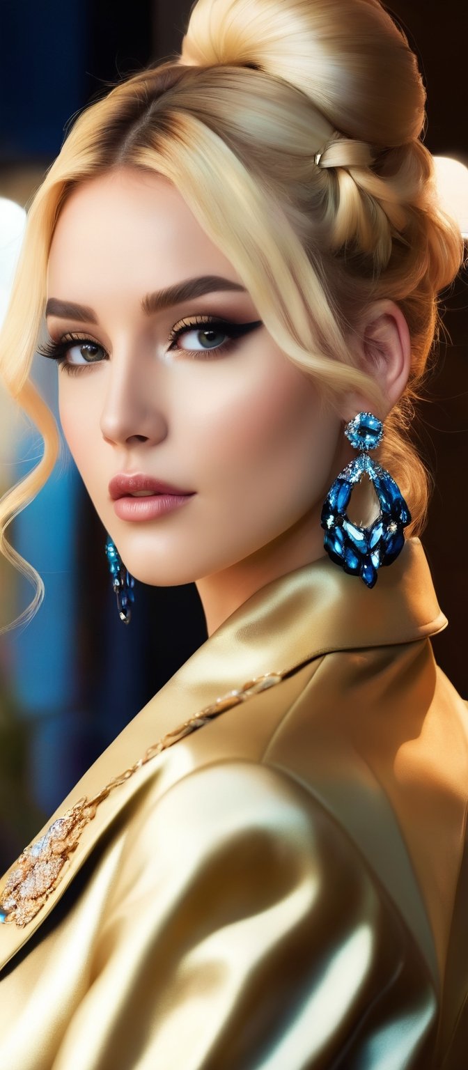 Generate hyper realistic image of a woman with long, blonde hair styled into elegant twintails, adorned with exquisite jewelry. She wears a fashionable jacket over a chic crop top, showcasing her midriff with confidence. With her eyes closed in serene contemplation, she holds a smartphone in one hand, her other hand adorned with sparkling earrings. The indoor setting provides a backdrop of sophistication, while her stylish pants complete the ensemble.