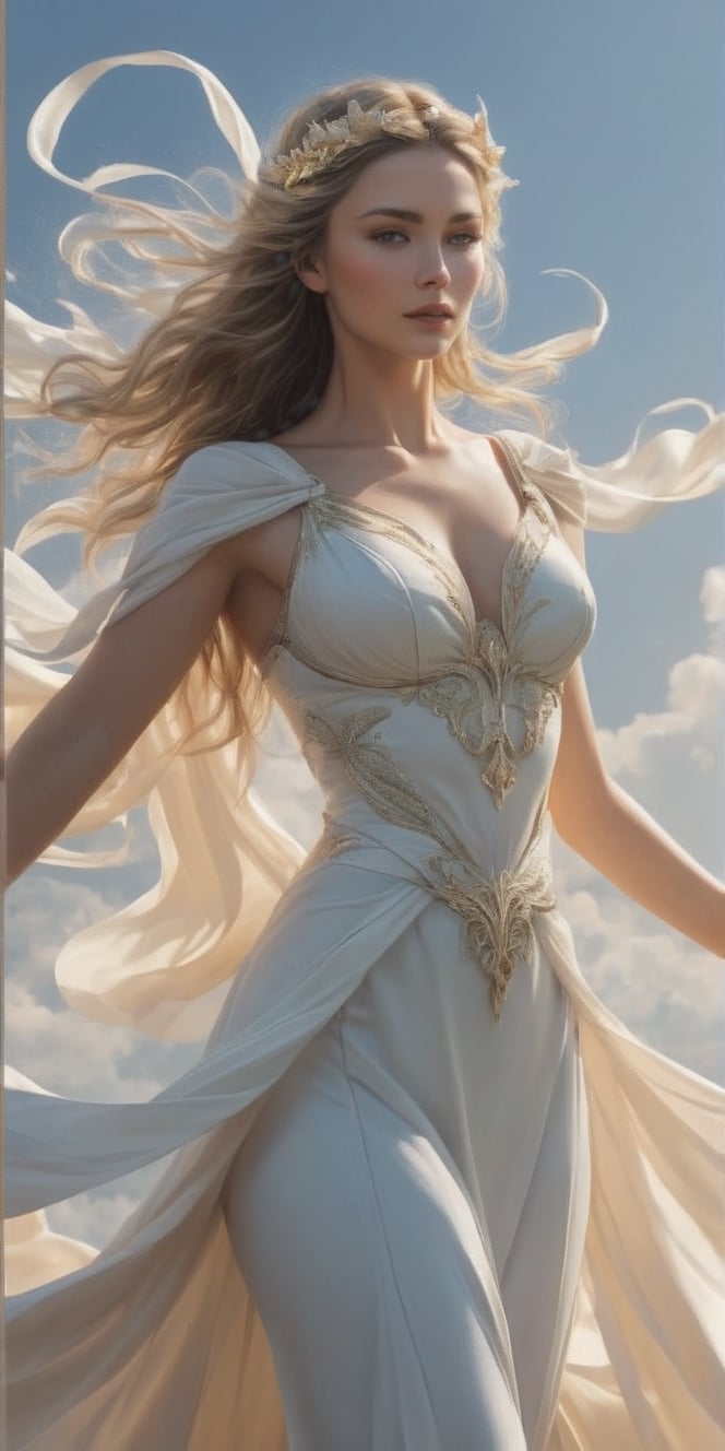 Generate hyper realistic image of an elegant goddess soaring through the skies, surrounded by gentle breezes and swirling winds, representing the free and untethered spirit of the air.