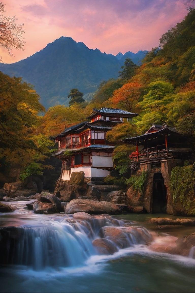 outdoors, sky, water, tree, no humans, building, nature, scenery, rock, mountain, architecture, east asian architecture, river, waterfall, hyper detailed, best quality