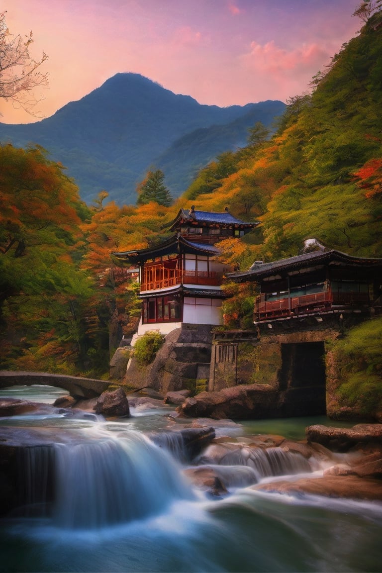 outdoors, sky, water, tree, no humans, building, nature, scenery, rock, mountain, architecture, east asian architecture, river, waterfall, hyper detailed, best quality