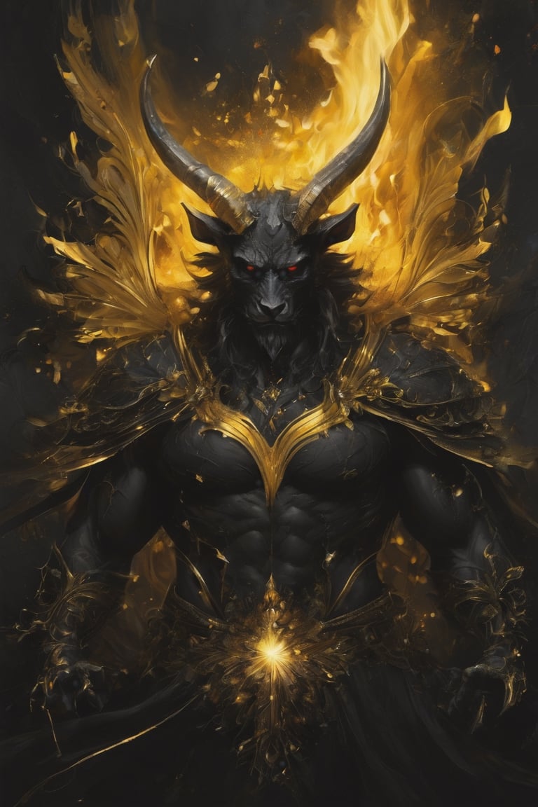 a painting of a devil surrounded by flames on a wall, graffiti art, inspired by Brad Kunkle, tutu, russ mills, horns, wings, andrey gordeev ,hatching with black pencil,oil paint, golden and black spirit