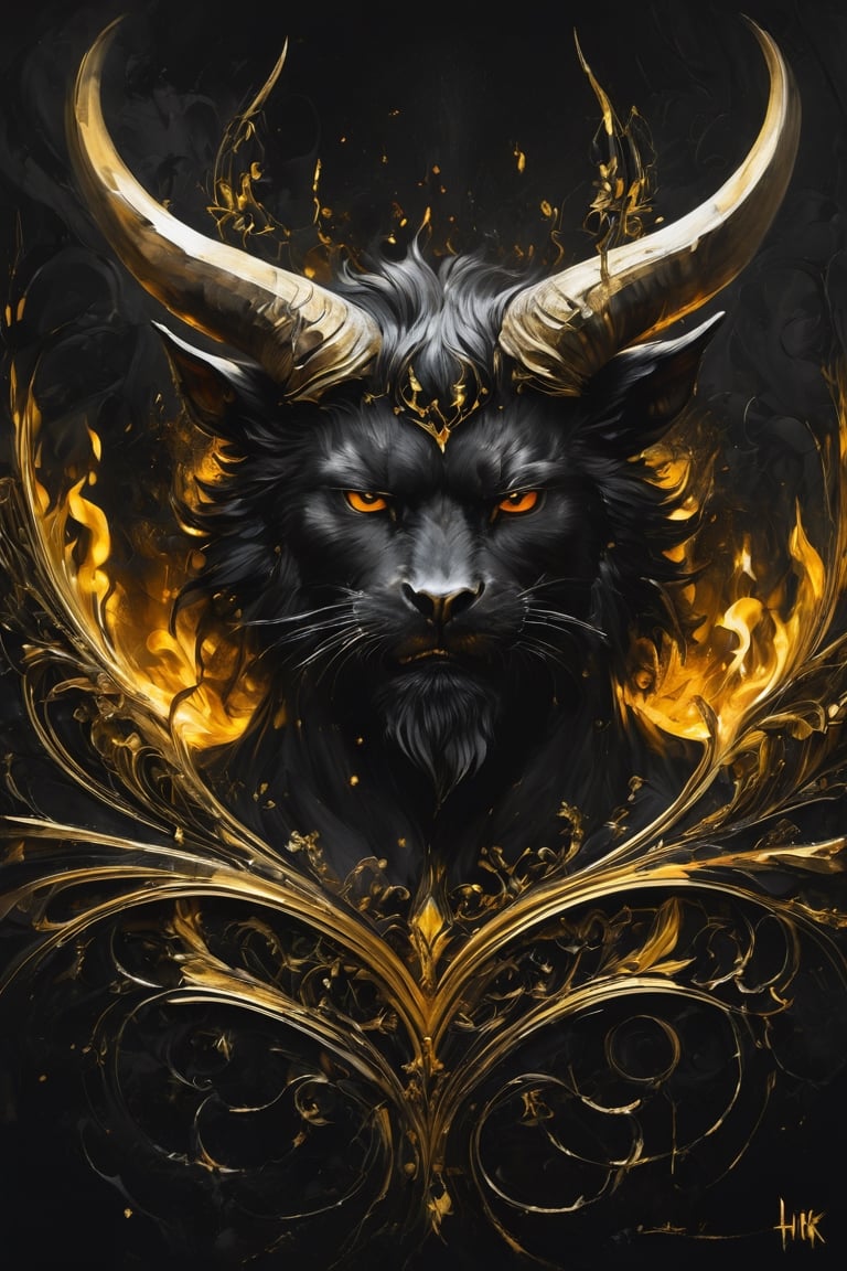 a painting of a devil surrounded by flames on a wall, graffiti art, inspired by Brad Kunkle, tutu, russ mills, horns, wings, andrey gordeev ,hatching with black pencil,oil paint, golden and black spirit