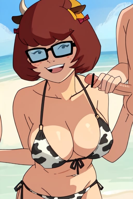 showing her breasts,  beach. Smile, pornography, porn, nsfw, sexo, velmadinkley, ((cow bikini with ears))
