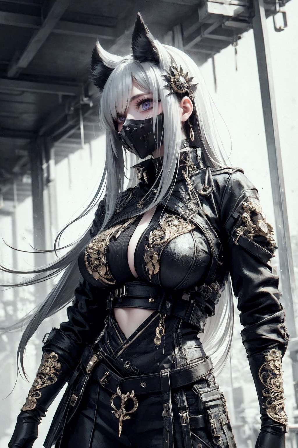 kitsune female, delicate physique, soft white fur, partial silver mask, gold eyes, intricate and ornate garments, cyberpunk
