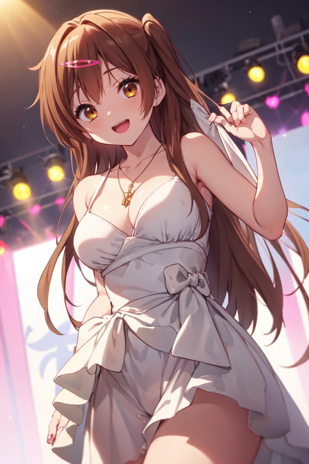 masterpeace, best quality, highres ,girl,solo,narrow_waist, thighs,perfect face,flirty,upper_body,embarassed,perfect light,

,boichi anime style.breasts,, idol ,undressing,stripping,breasts_exposed, 


,idol dress,shinka nibutani,stage, idol, bare shoulders, necklace, looking at viewer, :d, smile,SUSPENSION,downblouse,hands on glass,1 girl,yuzu