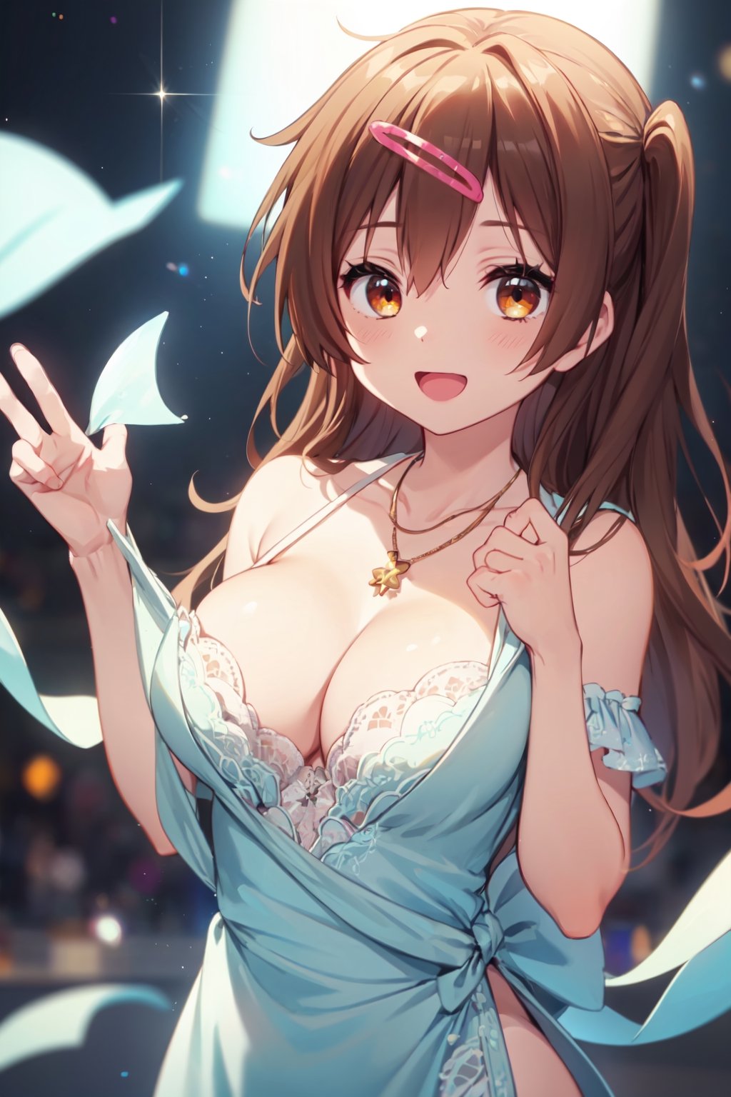 masterpeace, best quality, highres ,girl,solo,narrow_waist, thighs,perfect face,flirty,upper_body,embarassed,perfect light,

,boichi anime style.breasts,, idol ,undressing,stripping,breasts_exposed, 


,idol dress,shinka nibutani,stage, idol, bare shoulders, necklace, looking at viewer, :d, smile,SUSPENSION,downblouse,hands on glass,1 girl,yuzu