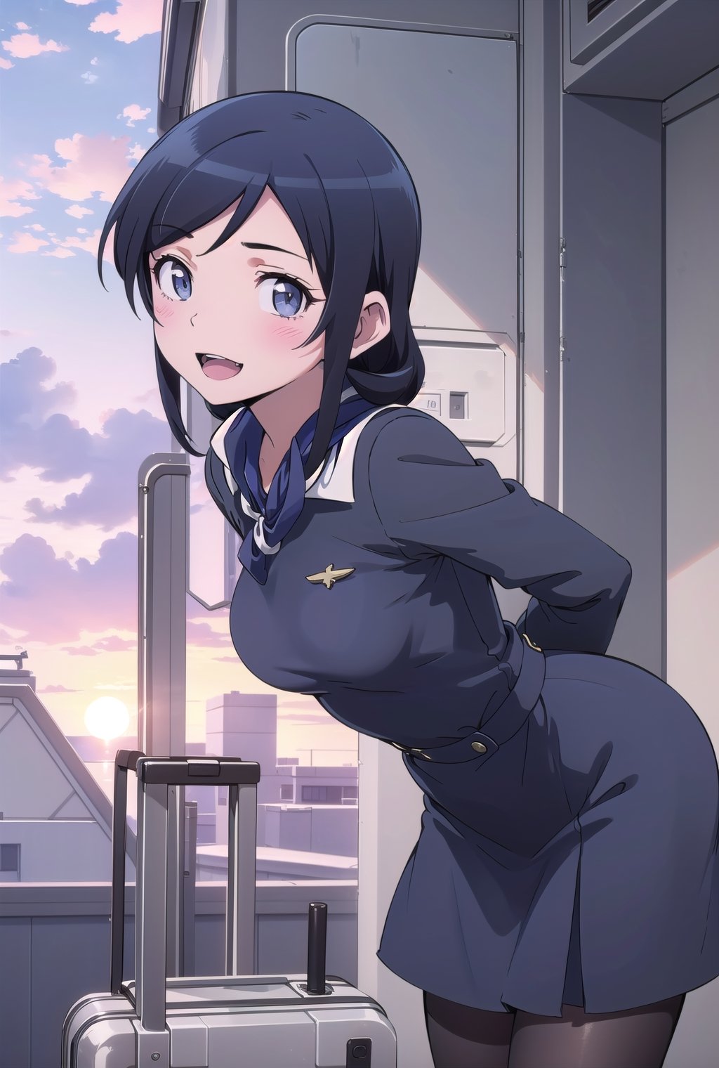 ayase aragaki,
masterpeace, best quality, highres ,girl,solo,narrow_waist, thighs,perfect face,spread_legs,perfect light,

,boichi anime style.breasts,1girl, stewardess,(1girl:1.3, solo), (cabin atendant:1.3), (stewardess:1.3), (upper body:1.3), (from side;1.3), (standing in the airplane entrance:1.3), (((starring at the viewer:1.5))), (leaning forward against the viewer:1.3), (arms behind back:1.3), BREAK, 1girl, solo, milf, European girl, hot model, (attractive model:1.37), (promotional model:1.2), highly detailed eyes and pupils, realistic skin, (attractive body, medium breast:1.25, thin waist:1.35), medium-length thin hair, (chignon hair:1.3, chignon hair net:1.3), mahogany hair, extremely detailed hair, delicate sexy face, sensual gaze, shiny lips, BREAK, (cabin atendant uniforms:1.3), (stewardess dark-blue uniform:1.3), (white formal collared blouse:1.3), (navy formal knee-length-tight-skirt:1.3), (elegant blue scarf:1.3), (pin-heels:1.3), (black stocking:1.3), detailed clothes, BREAK, (in the airplane, blurry background:1.25, simple background, no-human background, detailed background), (under sunset:1.37), BREAK, (attractive posing), ((realistic, super realistic, realism, realistic detail)), perfect anatomy, perfect proportion, bokeh, depth of field, hyper sharp image, (attractive emotion, seductive smile:1.2, happy:1.2, blush:1.2, :d:1.2, :p:1.2), 4fingers and thumb, perfect human hands, wind, BREAK, (Masterpiece, best quality, photorealistic, highres, photography, :1.3), ultra-detailed, sharp focus, professional photo, commercial photo, ,Stewardess,1 girl
, (attractive posing),perfect anatomy, perfect proportion, bokeh, depth of field, hyper sharp image, (attractive emotion, seductive smile:1.2,cabin atendant:1.3), (stewardess:1.3), (upper body:1.3),sensual gaze,boichi anime style