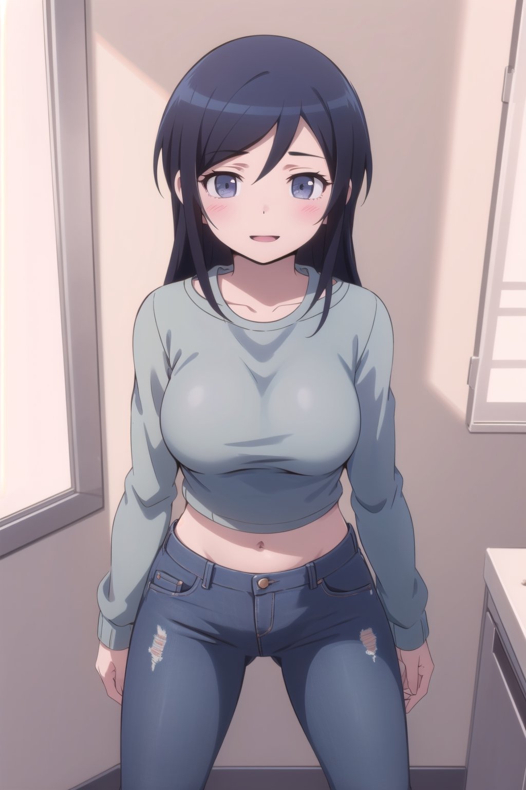 

masterpeace, best quality, highres ,girl,solo,narrow_waist, thighs,perfect face,spread_legs,perfect light,seduce_body

 gray sweater, big_boobies , long sleeves, midriff, blue distressed jeans, in store, standing, happy , Sexy, from above,


,ayase aragaki