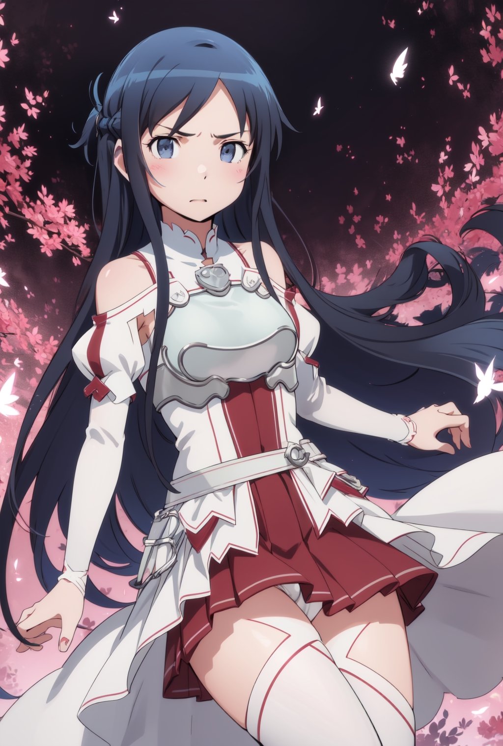 masterpeace, best quality, highres ,girl,solo,narrow_waist, thighs,perfect face,perfect light,

,boichi anime style.breasts,ayase aragaki,black hair, bare shoulders,white  armor, cuirass, white sleeves, separated sleeves, red skirt, pleated skirt, white thighs, sensual pose, tender look, 

bare shoulders, silver armor, silver silver,silver_breastplate, white sleeves, detached sleeves, red skirt, pleated skirt, white thighhighs,1 girl