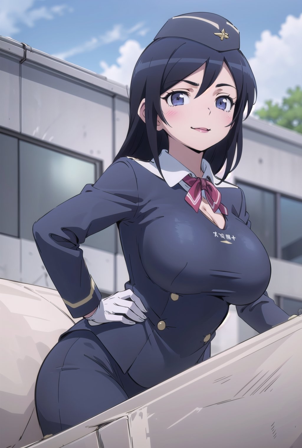 ayase aragaki,
masterpeace, best quality, highres ,girl,solo,narrow_waist, thighs,perfect face,spread_legs,perfect light,

,boichi anime style.breasts,1girl, stewardess, Dark blue uniform,garrison cap,pantyhose, gloves,realistic, pale skin,salute,hand on hip,blue sky,(gigantic breasts, cleavage,curvy:1.2),looking at viewer ,smile, (masterpiece, high quality:1.2), 18 years girl, look very young

, (attractive posing),perfect anatomy, perfect proportion, bokeh, depth of field, hyper sharp image, (attractive emotion, seductive smile:1.2,cabin atendant:1.3), (stewardess:1.3), (upper body:1.3),sensual gaze,boichi anime style
