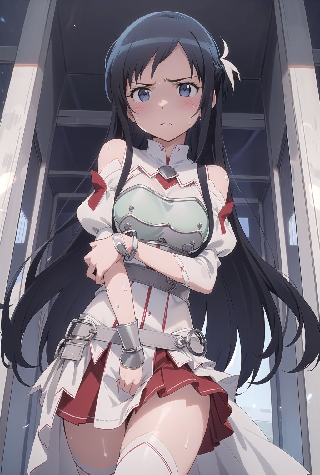 masterpeace, best quality, highres ,girl,solo,narrow_waist, thighs,perfect face,perfect light,sweaty

,boichi anime style.breasts,ayase aragaki,black hair, bare shoulders,white  armor, cuirass, white sleeves, separated sleeves, red skirt, pleated skirt, white thighs, sensual pose, tender look, 

bare shoulders, silver armor, silver silver,silver_breastplate, white sleeves, detached sleeves, red skirt, pleated skirt, white thighhighs,1 girl