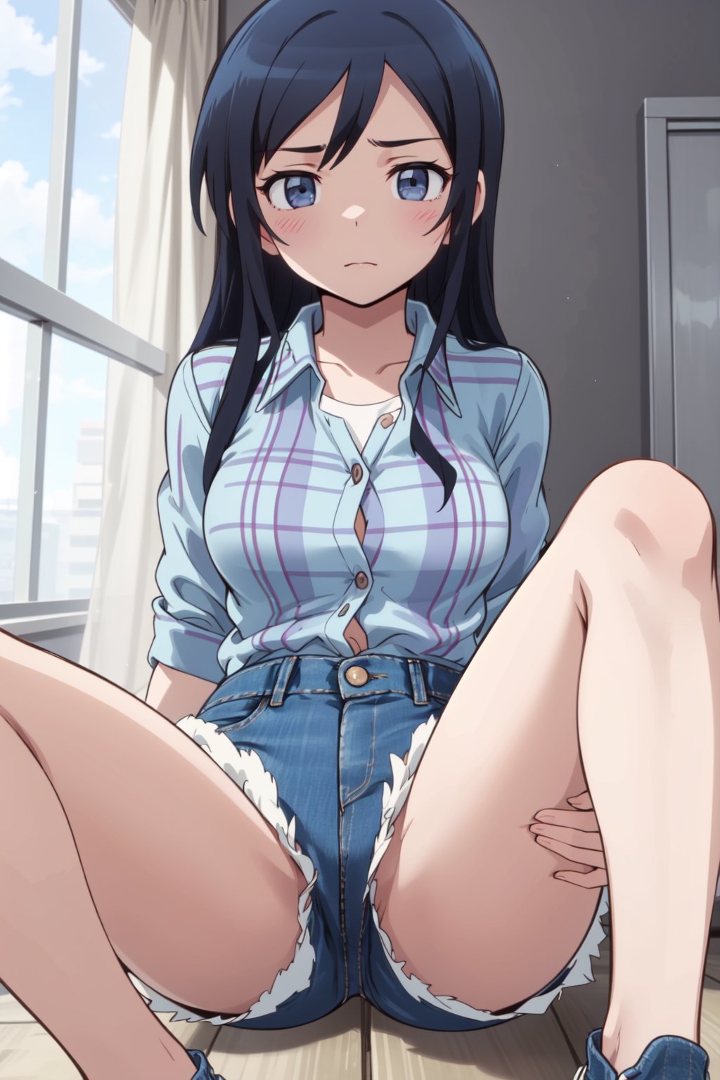 

masterpeace, best quality, highres ,girl,solo,narrow_waist, thighs,perfect face,spread_legs,perfect light,seduce_body

 (coquettish expression),((detailed clothes)), ((Colorful Plaid shirt)), (Denim_shorts:1.3),

,ayase aragaki
