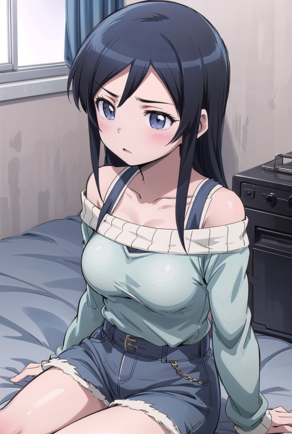masterpeace, best quality, highres ,girl,solo,narrow_waist, thighs,perfect face,perfect light,breast,

,boichi anime style.breasts,ayase aragaki,off shoulder sitting, ,Pokies,tight sweater,no bra,perfect