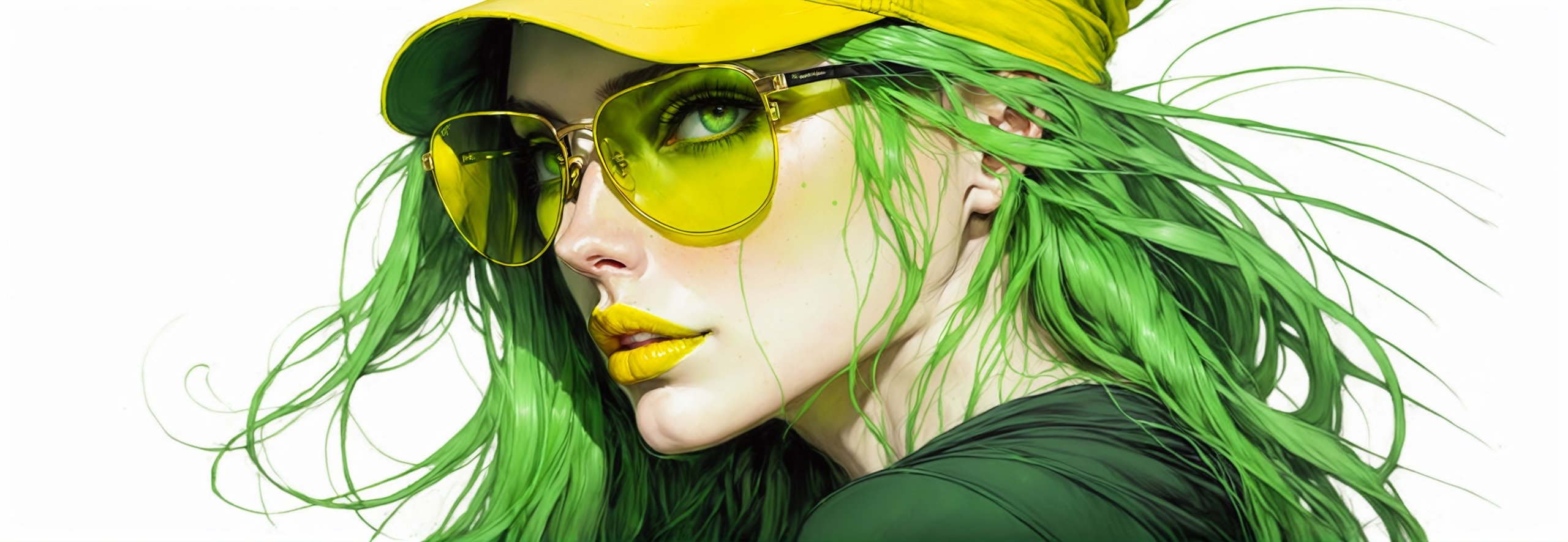 pencil Sketch of a beautiful  athletic woman 30 years old, , green long hair, yellow shades, cap, ((skull on her cap)), disheveled alluring, ((full body)), portrait by Charles Miano, ink drawing, illustrative art, soft lighting, detailed, more Flowing rhythm, elegant, low contrast, add soft blur with thin line, full red lips, green eyes, black clothes.