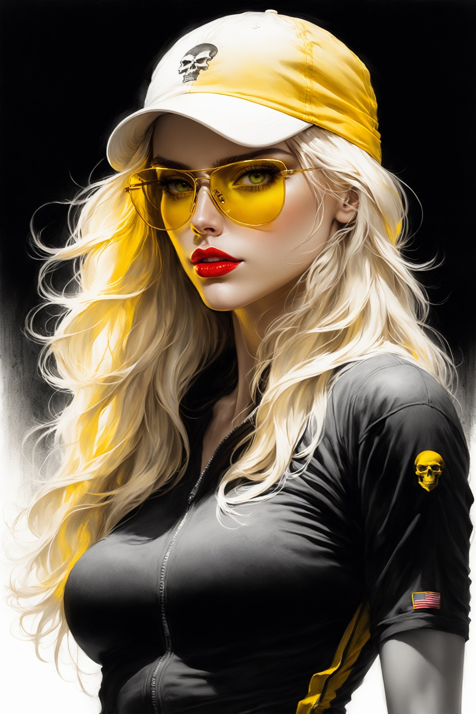 pencil Sketch of a beautiful  athletic woman 30 years old, , White long hair, yellow shades, cap, ((skull on her cap)), disheveled alluring, ((full body)), portrait by Charles Miano, ink drawing, illustrative art, soft lighting, detailed, more Flowing rhythm, elegant, low contrast, add soft blur with thin line, full red lips, green eyes, black clothes.