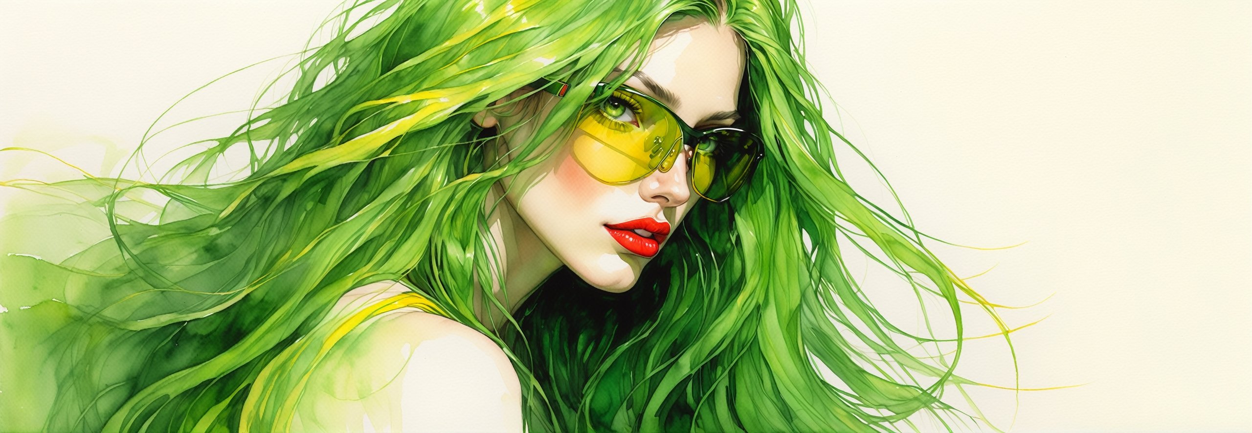 pencil Sketch of a beautiful  athletic woman 30 years old, , green long hair, yellow shades, disheveled alluring, ((hafe body)), portrait by Charles Miano, ink drawing, illustrative art, soft lighting, detailed, more Flowing rhythm, elegant, low contrast, add soft blur with thin line, full red lips, green eyes, black clothes.