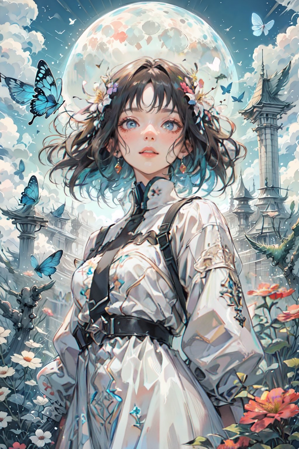 Maximalism, masterpiece, top quality, 8k, high resolution, super detailed, absurd, vivid contrast, insanely detailed,
BREAK
1girl, (Beautiful face, brightly colored shining eyes, clear skin, shiny hair: 1.2),
BREAK
(Flowers, butterflies, wind, moon:1.3)
BREAK
(Full-length composition:1.4),girl, CrclWc,dragonbaby