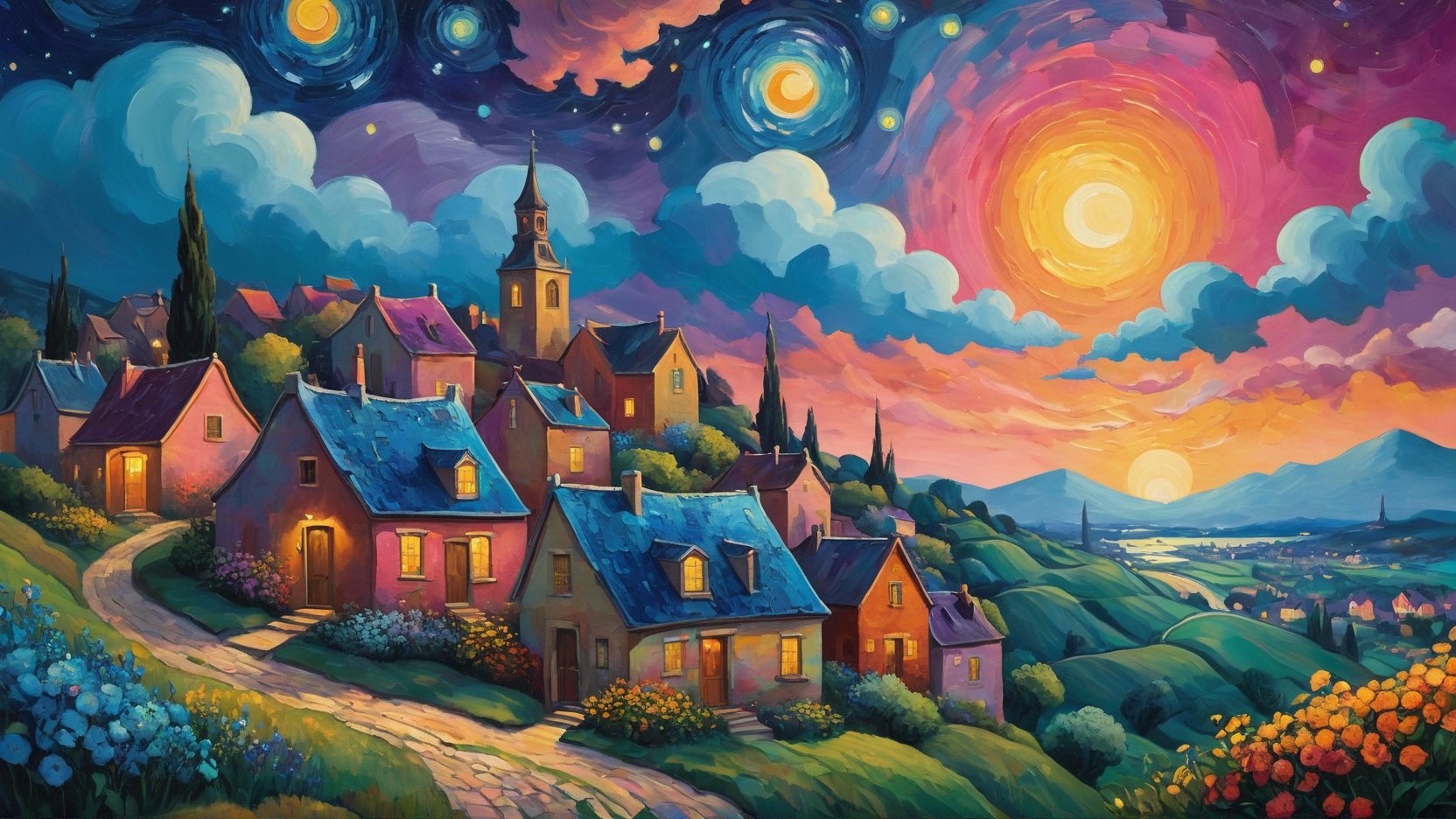 oil painting concept art, vibrant color, 

The starry night style, van gogh style, rough brush,

Colorful houses lining the old town surrounded by abundant flower. A peaceful night descends, with a beautiful sunset sky and colorful, storybook-like clouds, 

Create a whimsical and vibrant townscape with colorful, fantastical buildings, The color palette should include bright pinks, oranges, blues, and purples, with contrasting highlights and shadows to give depth, The brushwork should be smooth, with clean lines for the buildings and more fluid strokes for the sky and water reflections, The overall art style should evoke elements of surrealism mixed with folk art, Draw inspiration from artists like Marc Chagall for dreamlike scenes and Joan Miró for bold colors and shapes,

a image for a póster of psytrance festival, contains fractals, spiritual composition, the imagen evoke happiness and energy. the imagen contains organic textures and surreal composition. some parts of the image evoke a las trip