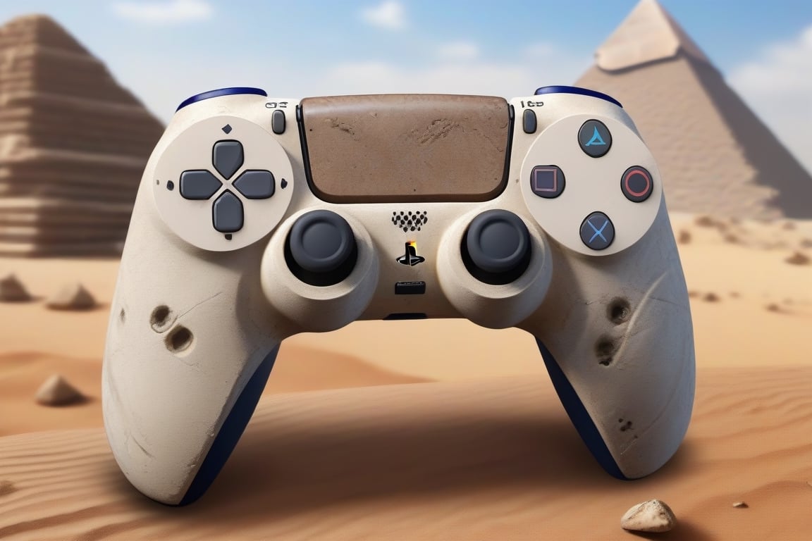 ultra realistic,best quality,Ancient artifact,playstation 5 controller, this is an excavated out of place artifact, its the frist ps5 controller to arrive on earth, it was used by the gods to create the pyramids, the devine long lost controller of the gods