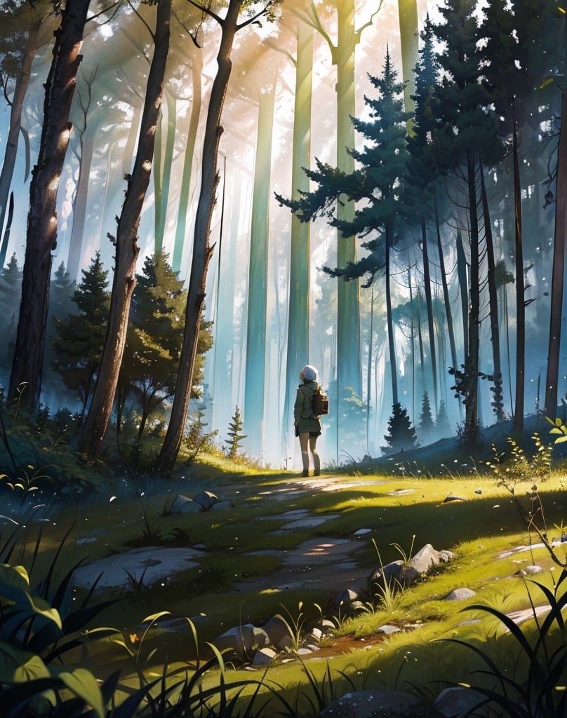 masterpiece, top quality, high definition, artistic composition, animation, deep mossy forest, 1 woman, researcher, investigating, in forest, open-mouthed, surprised, Chernobyl, ruins of nuclear power plant visible beyond forest, striking light, perspective, looking away
