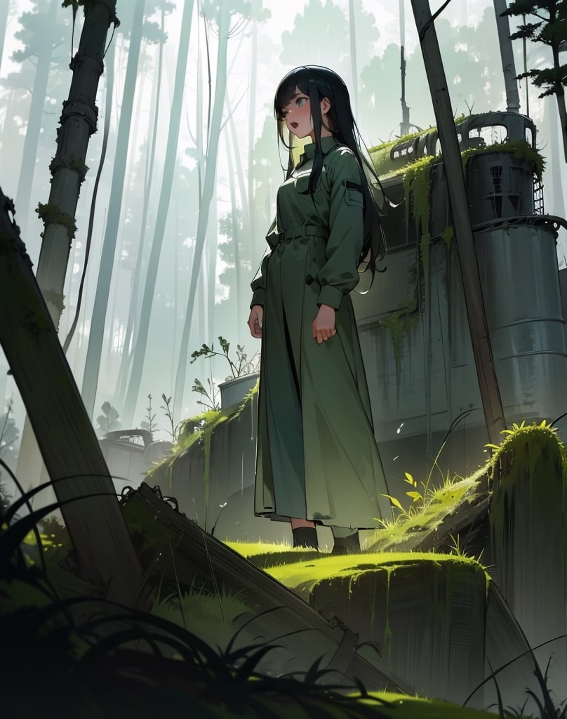 masterpiece, top quality, high definition, artistic composition, animation, deep mossy forest, 1 woman, researcher, investigating, in forest, open-mouthed, surprised, Chernobyl, ruins of nuclear power plant covered with vegetation, striking light, perspective, looking away,girl