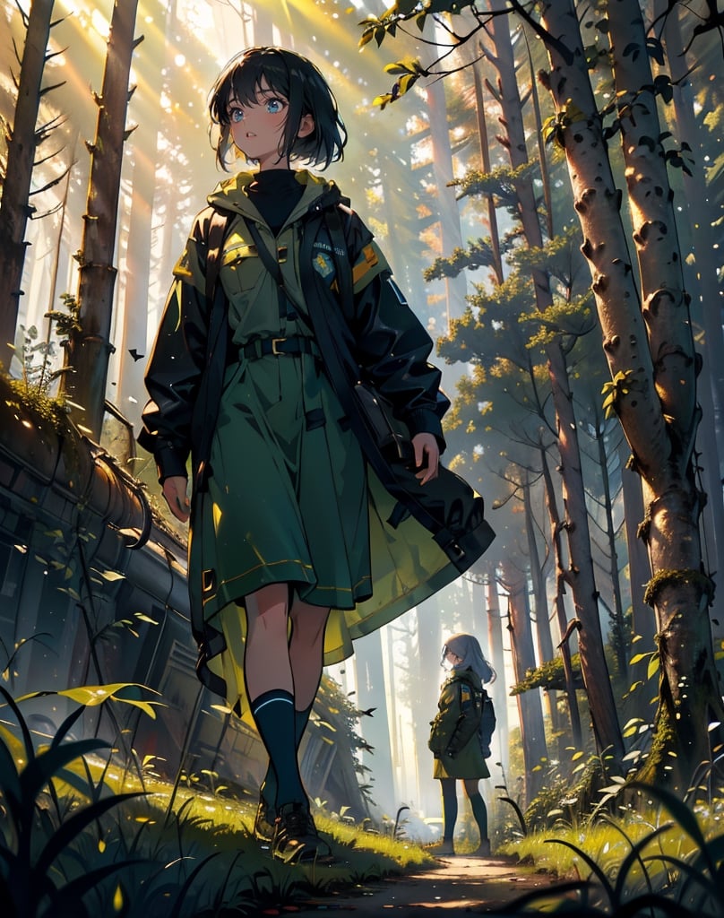 masterpiece, top quality, high definition, artistic composition, animation, deep mossy forest, 1 woman, researcher, investigating, in forest, open-mouthed, surprised, Chernobyl, ruins of nuclear power plant covered with vegetation, striking light, perspective, looking away,girl