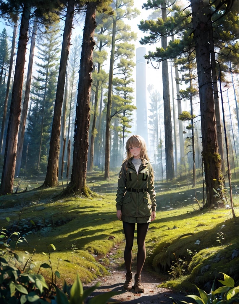 masterpiece, top quality, high definition, artistic composition, animation, deep mossy forest, 1 woman, researcher, investigating, in forest, open-mouthed, surprised, Chernobyl, ruins of nuclear power plant visible beyond forest, striking light, perspective, looking away