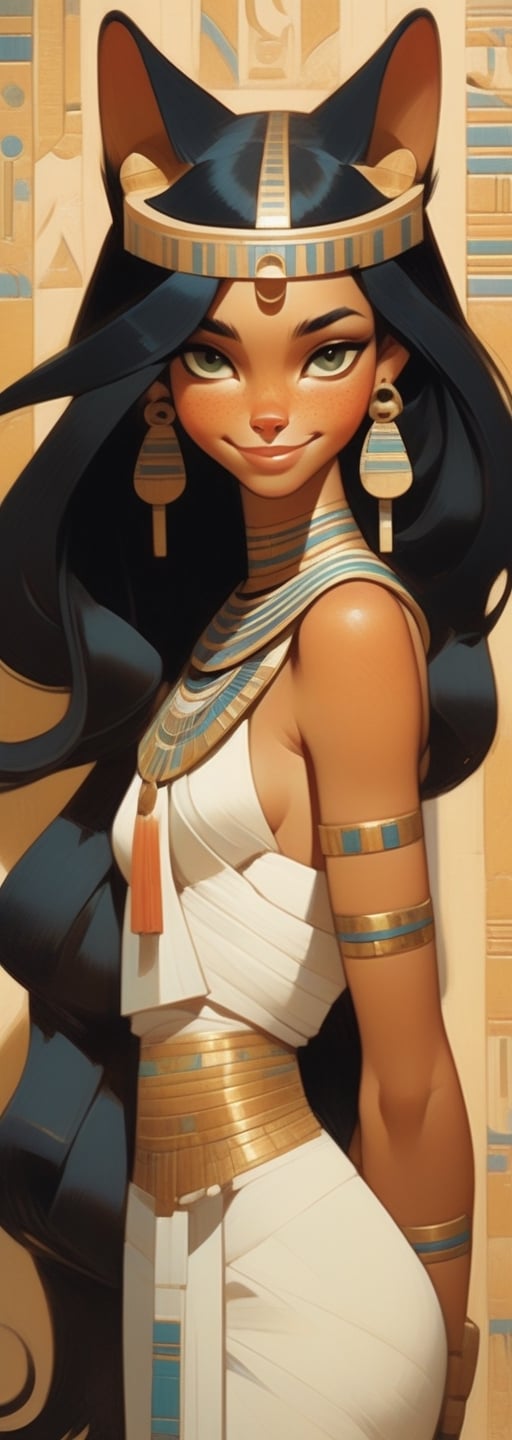 (by Loish, Leyendecker, James Gilleard), perfect anatomy, a beautiful catgirl 'meow' in Ancient Egypt, circa 1st century BCE, (long black hair, (cat ears), freckles:1.2), smiling, fun, playful, extremely detailed, More Detail XL,